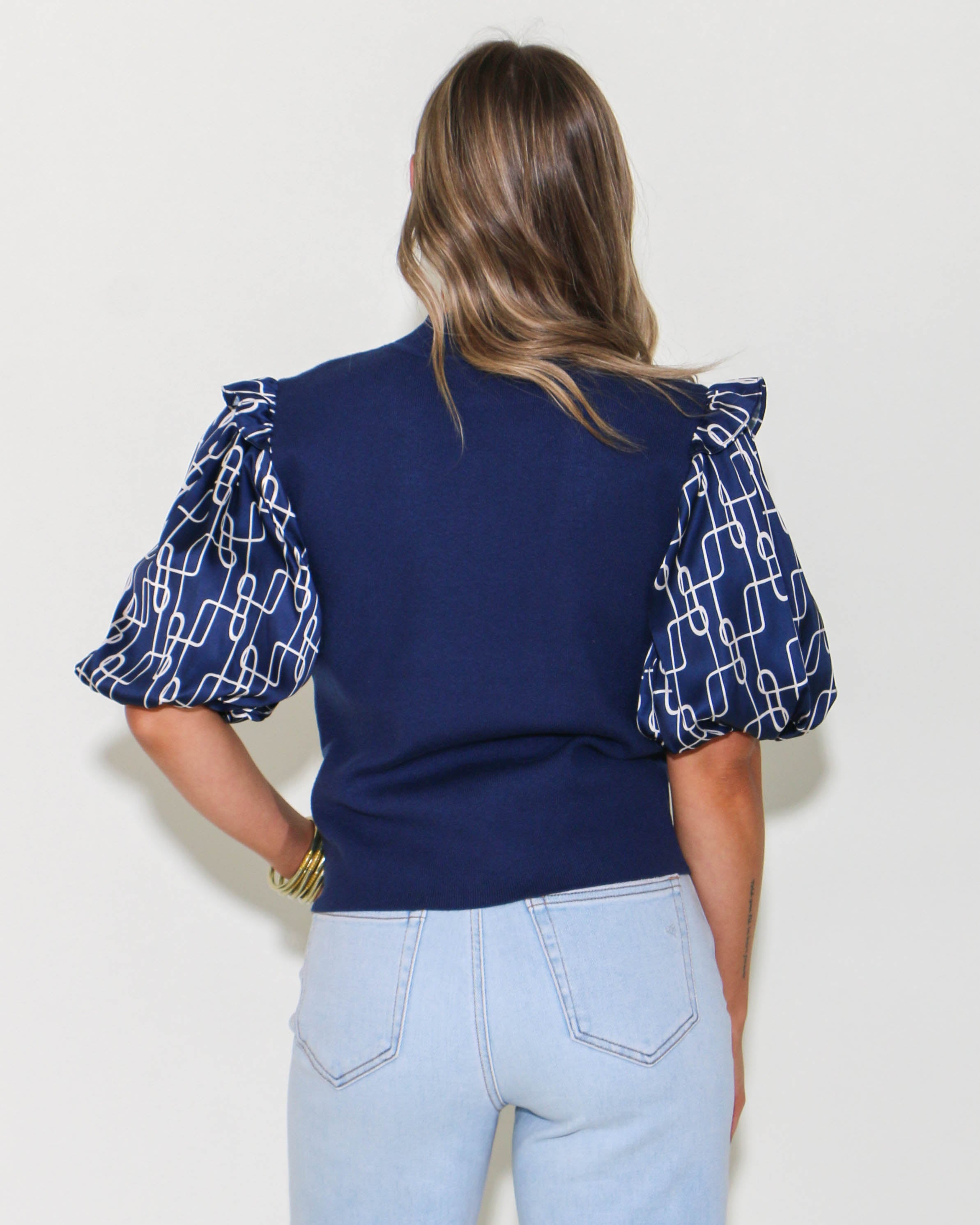 Navy Puff Sleeve Mixed Media Top