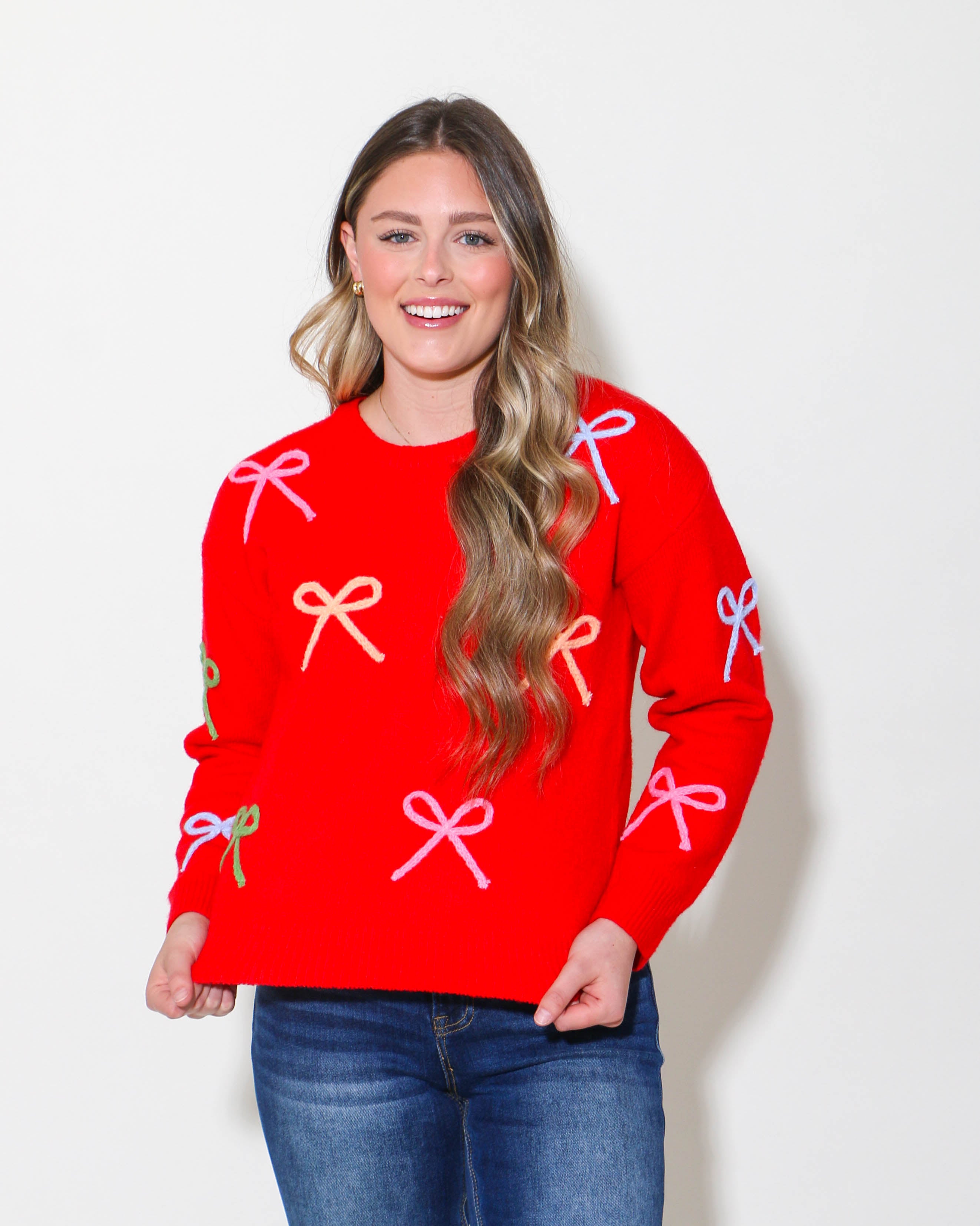 Multi Color Red Bow Knit Sweater