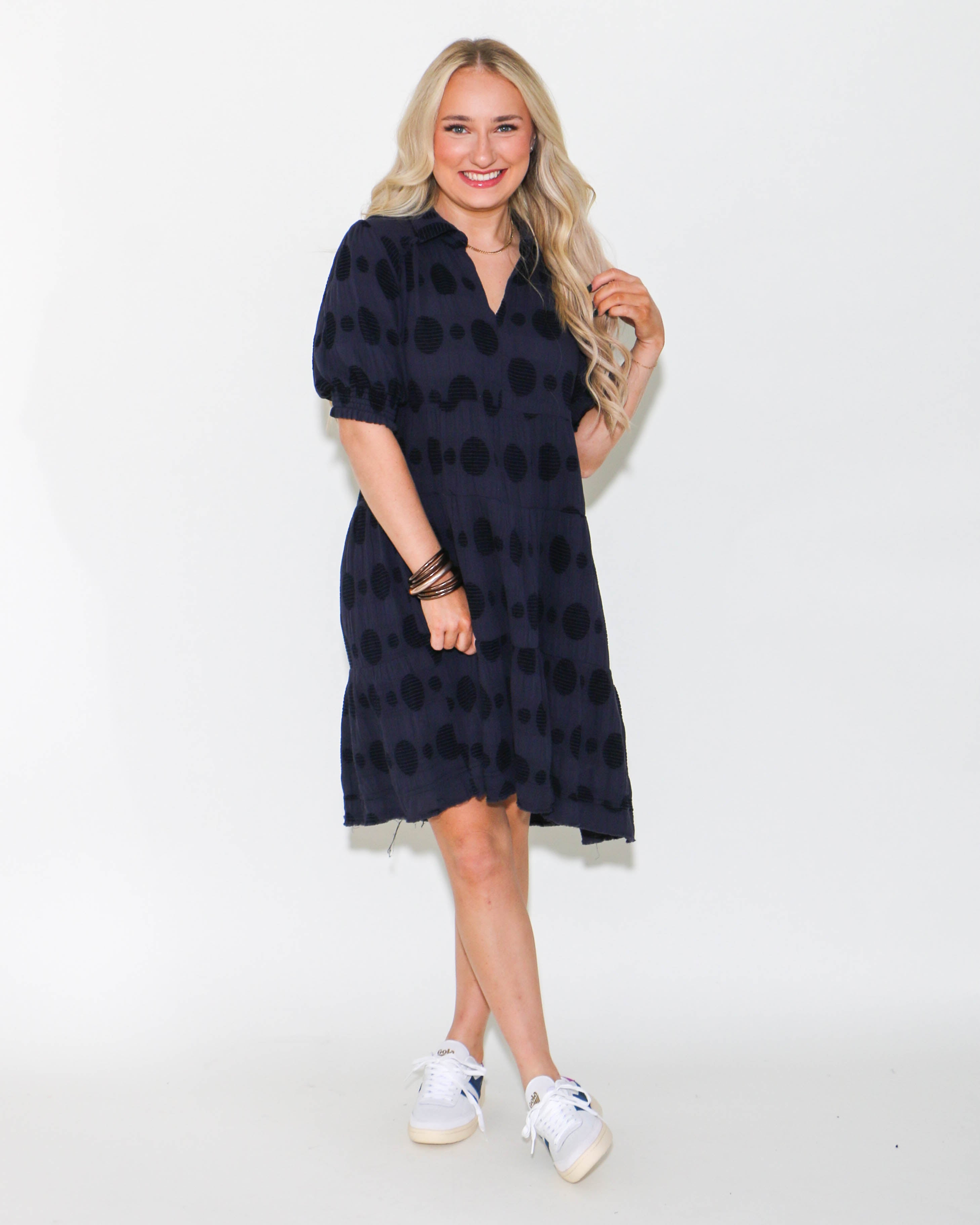 Navy Dotted Dress with Smocked Puff Sleeves