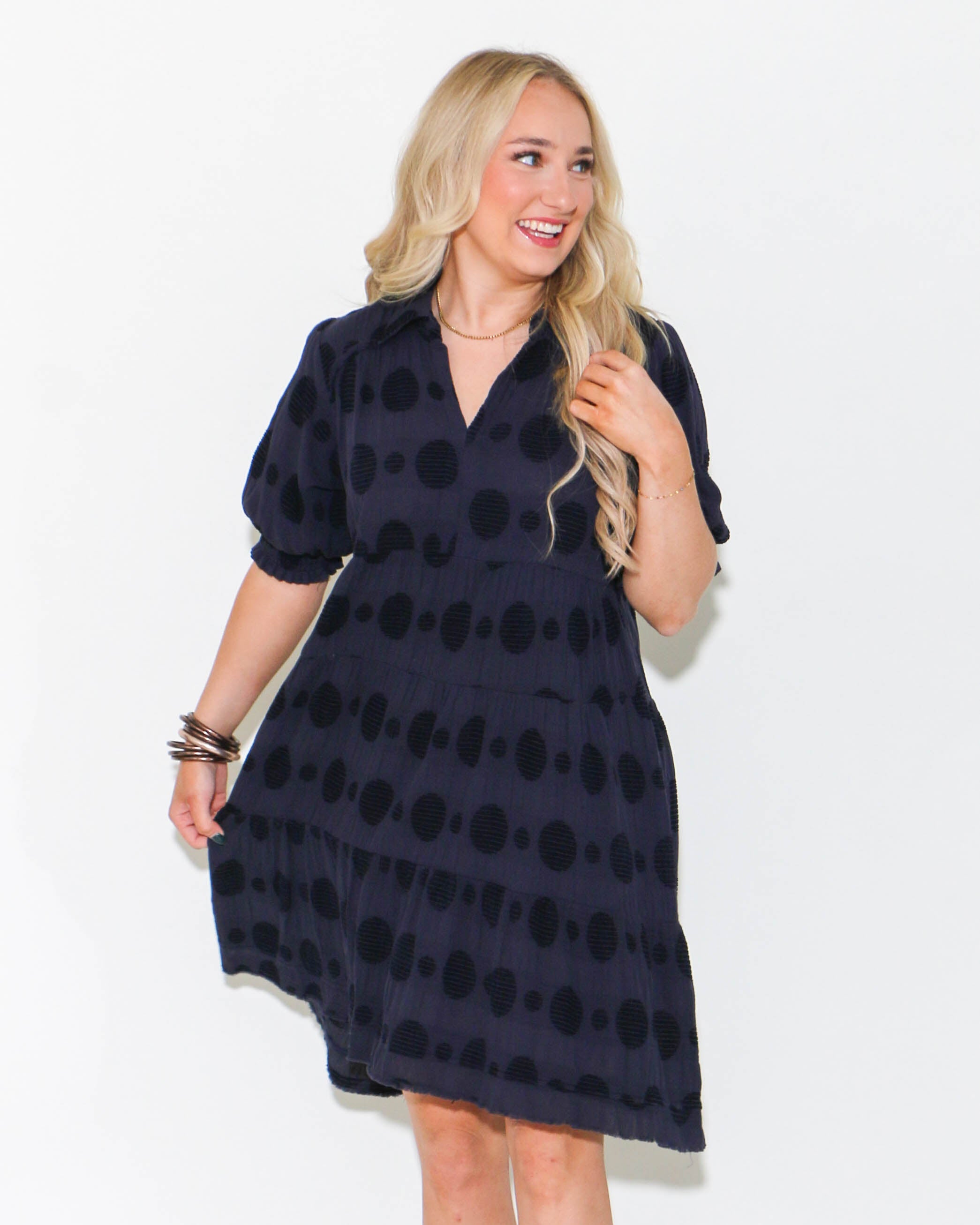 Navy Dotted Dress with Smocked Puff Sleeves