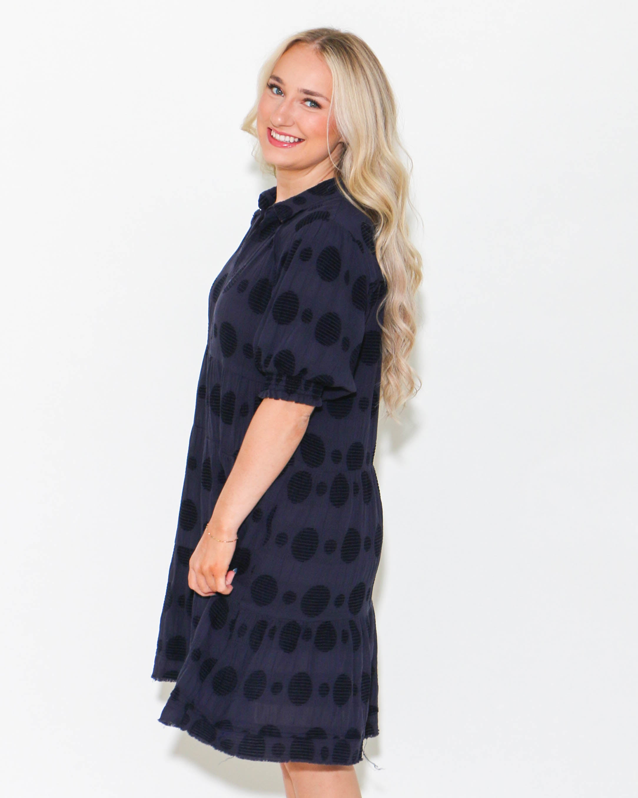 Navy Dotted Dress with Smocked Puff Sleeves