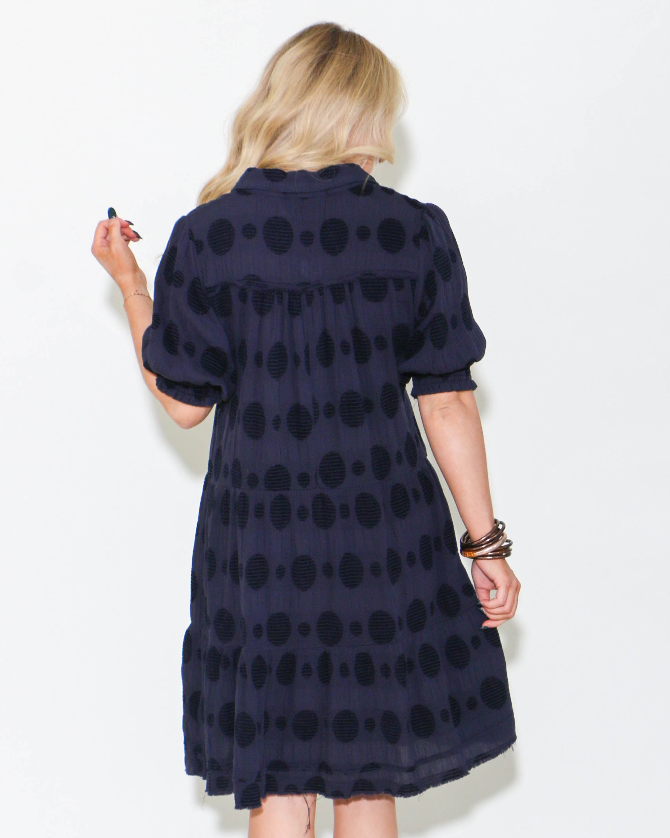 Navy Dotted Dress with Smocked Puff Sleeves