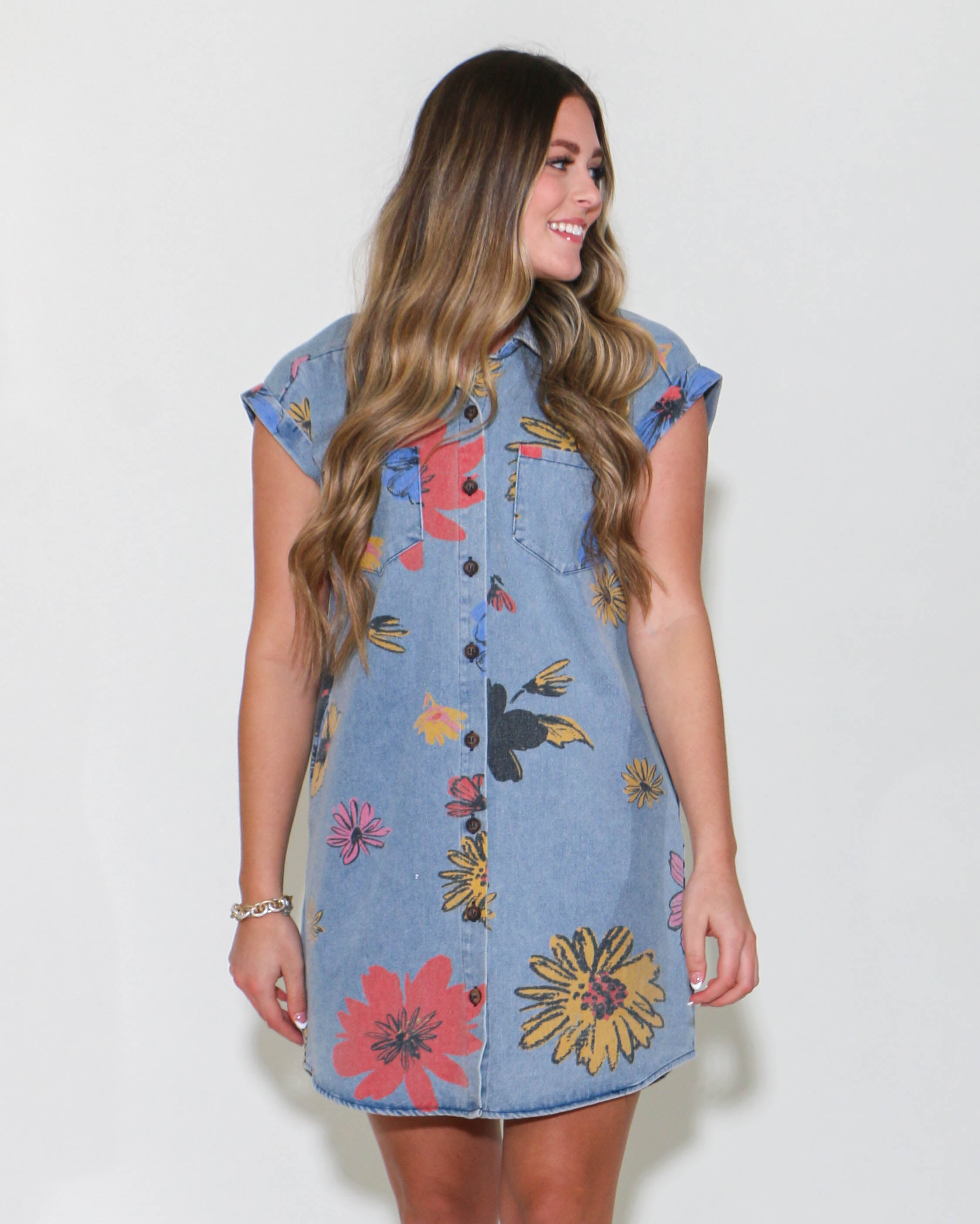 Floral Printed Denim Mini Dress