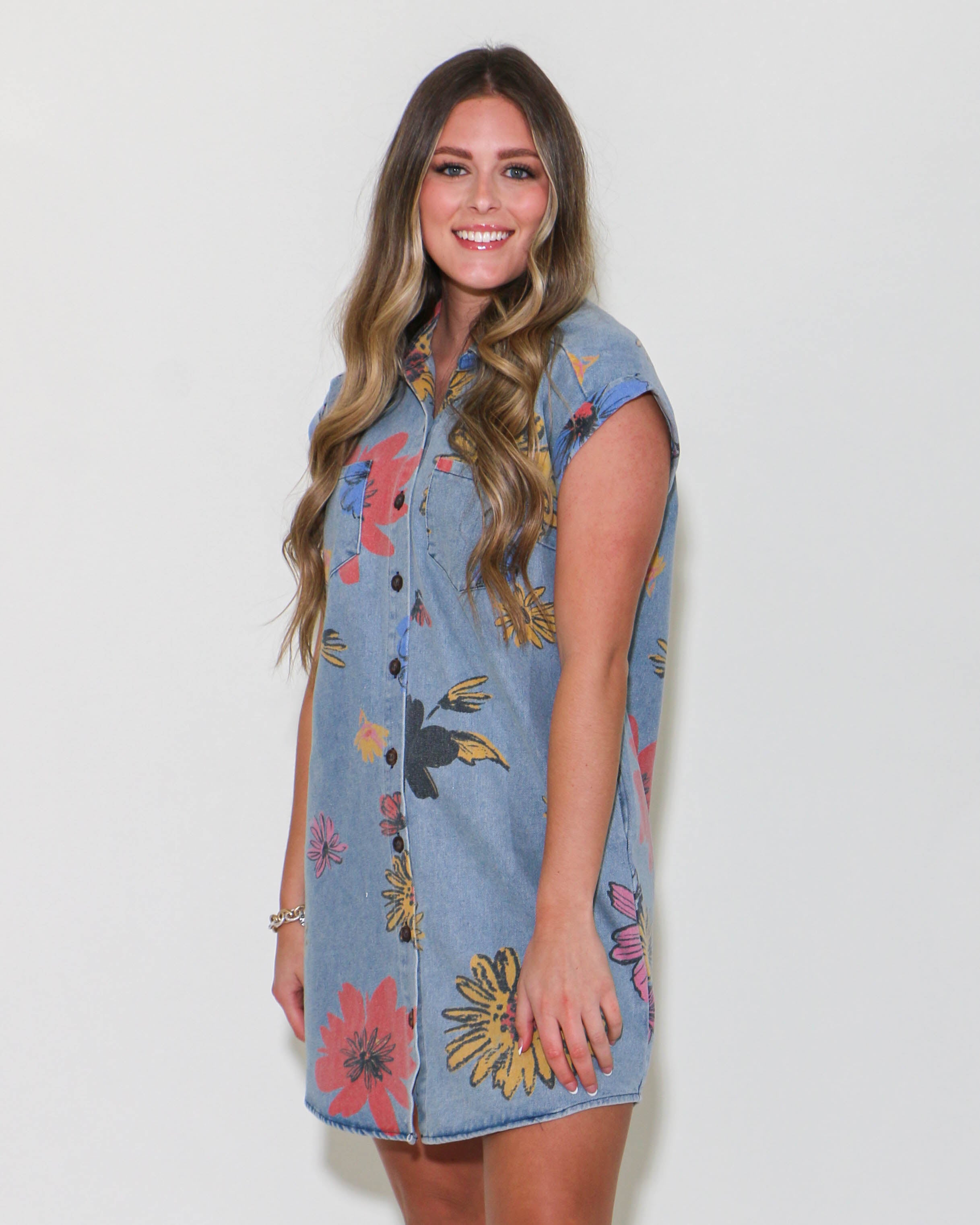 Floral Printed Denim Mini Dress