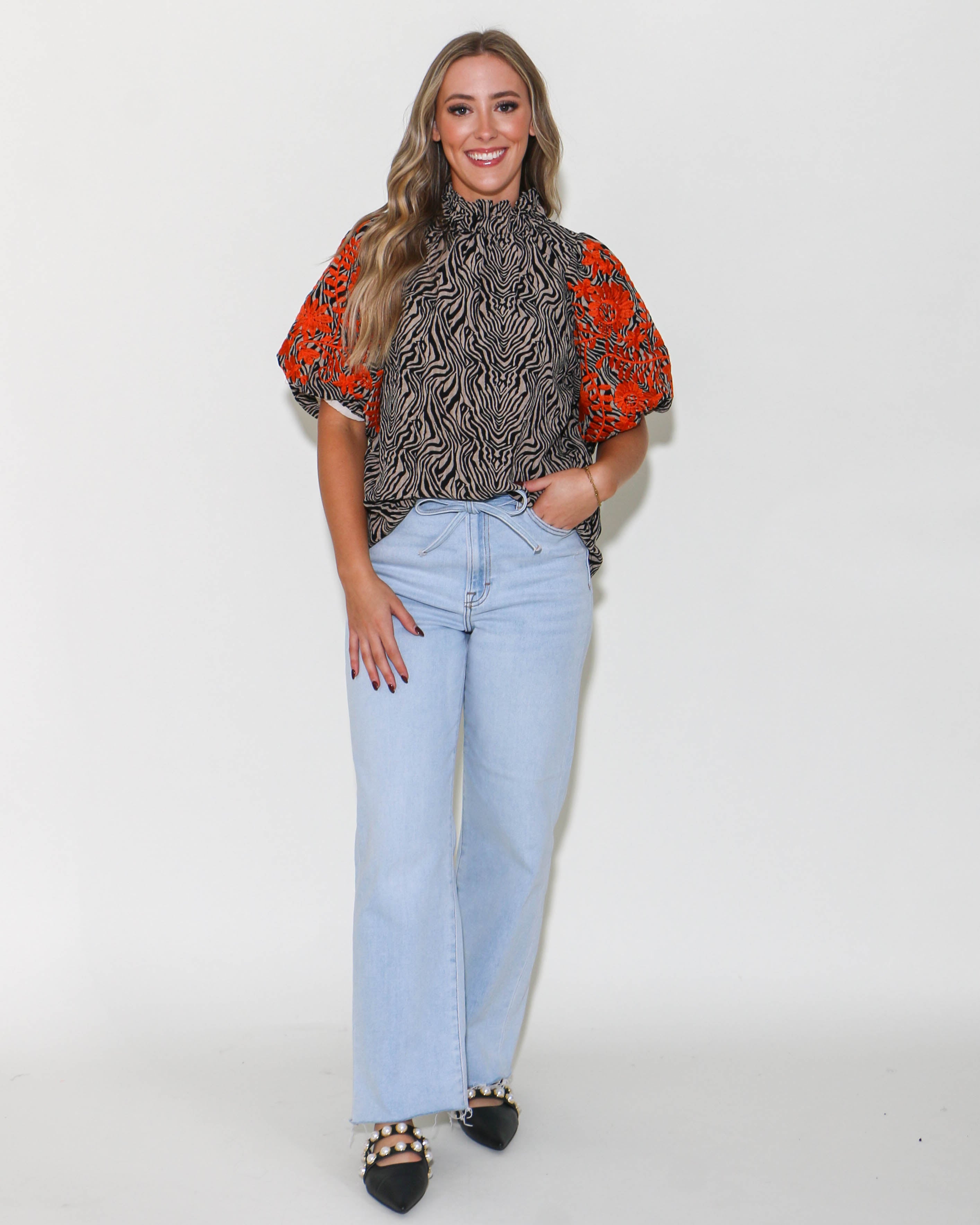 THML Embroidered Puff Sleeve Print Top in Taupe