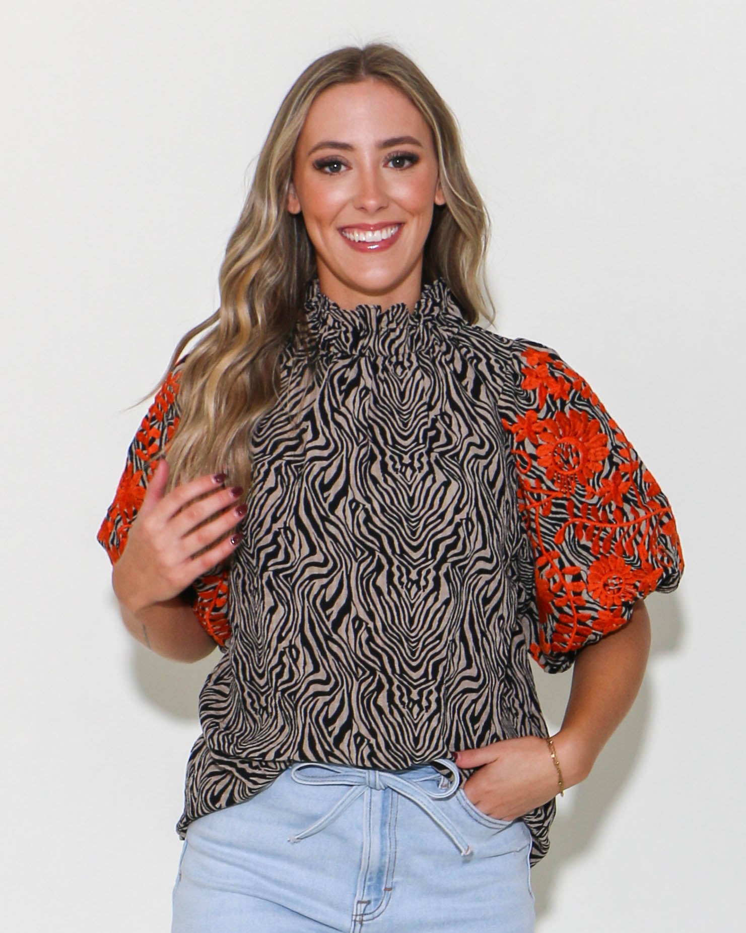 THML Embroidered Puff Sleeve Print Top in Taupe