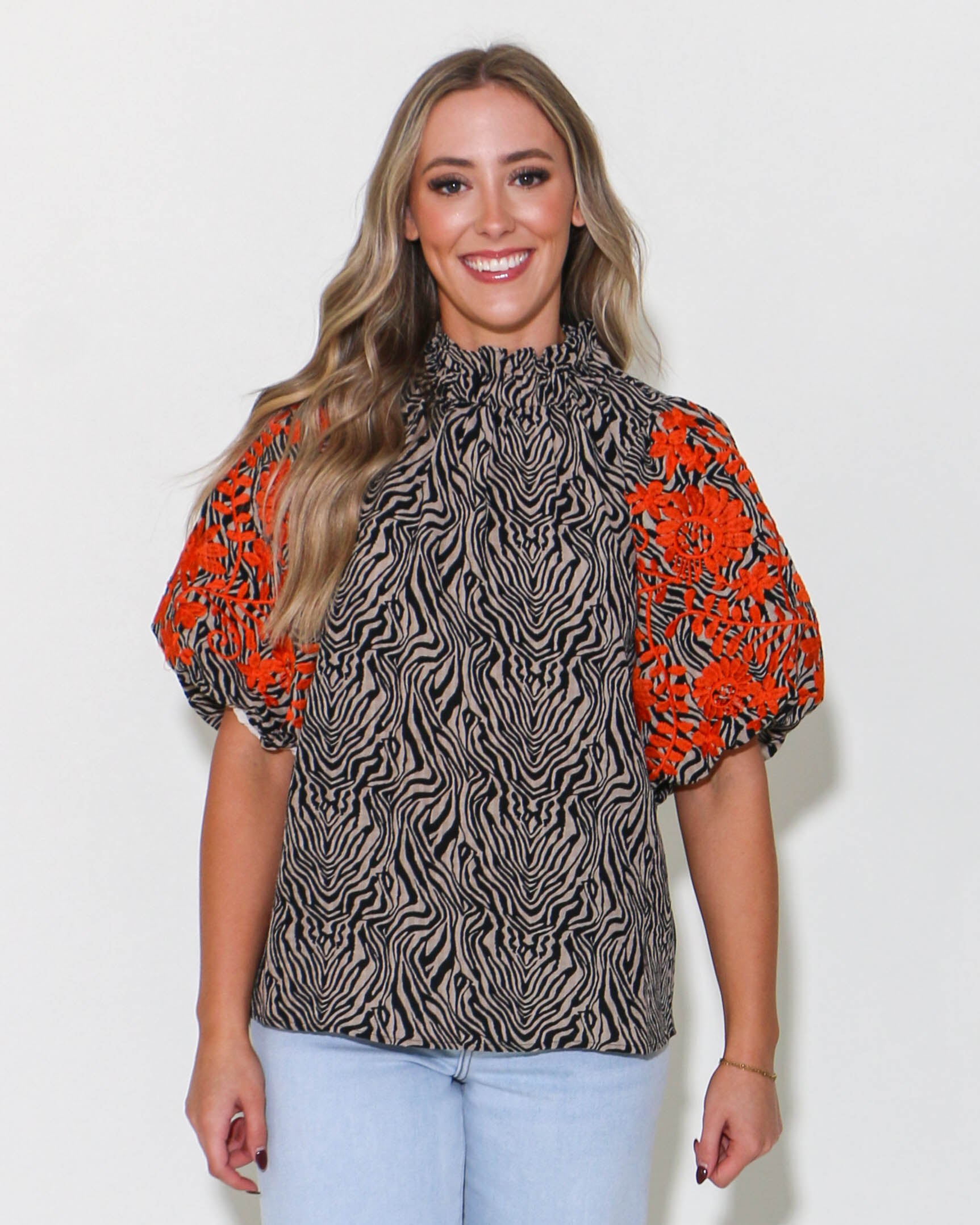 THML Embroidered Puff Sleeve Print Top in Taupe