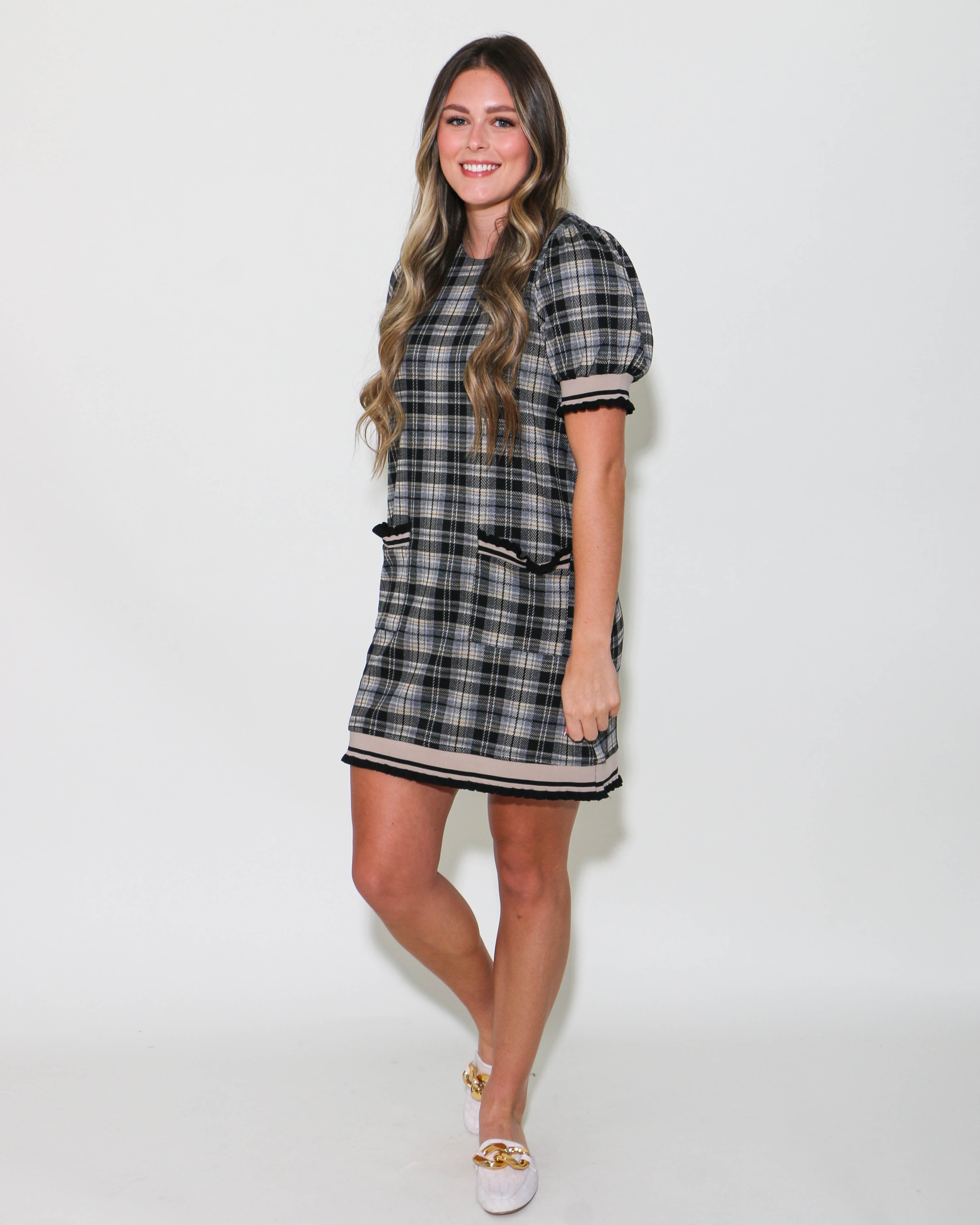 Black Plaid Short Sleeve Mini Dress