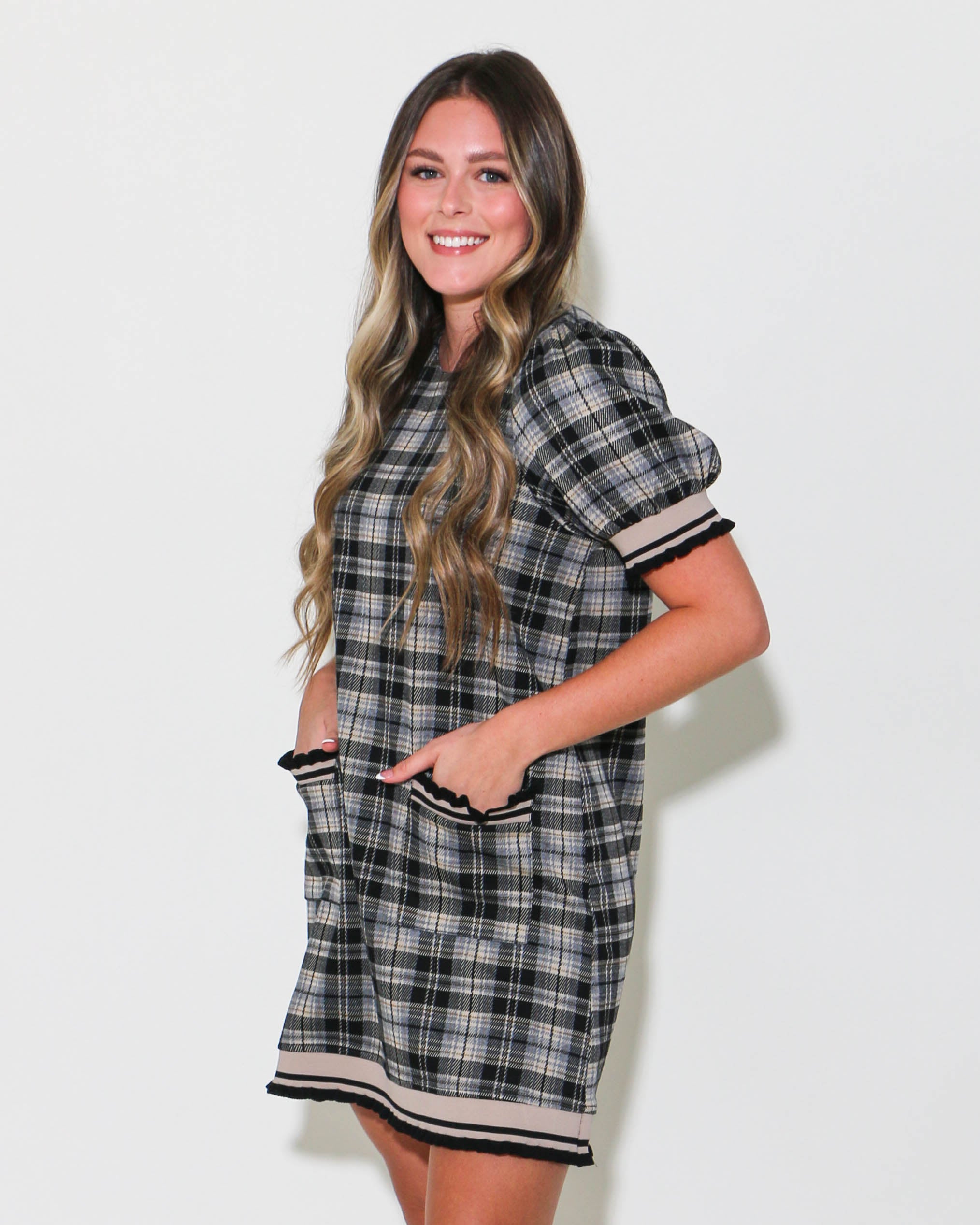 Black Plaid Short Sleeve Mini Dress