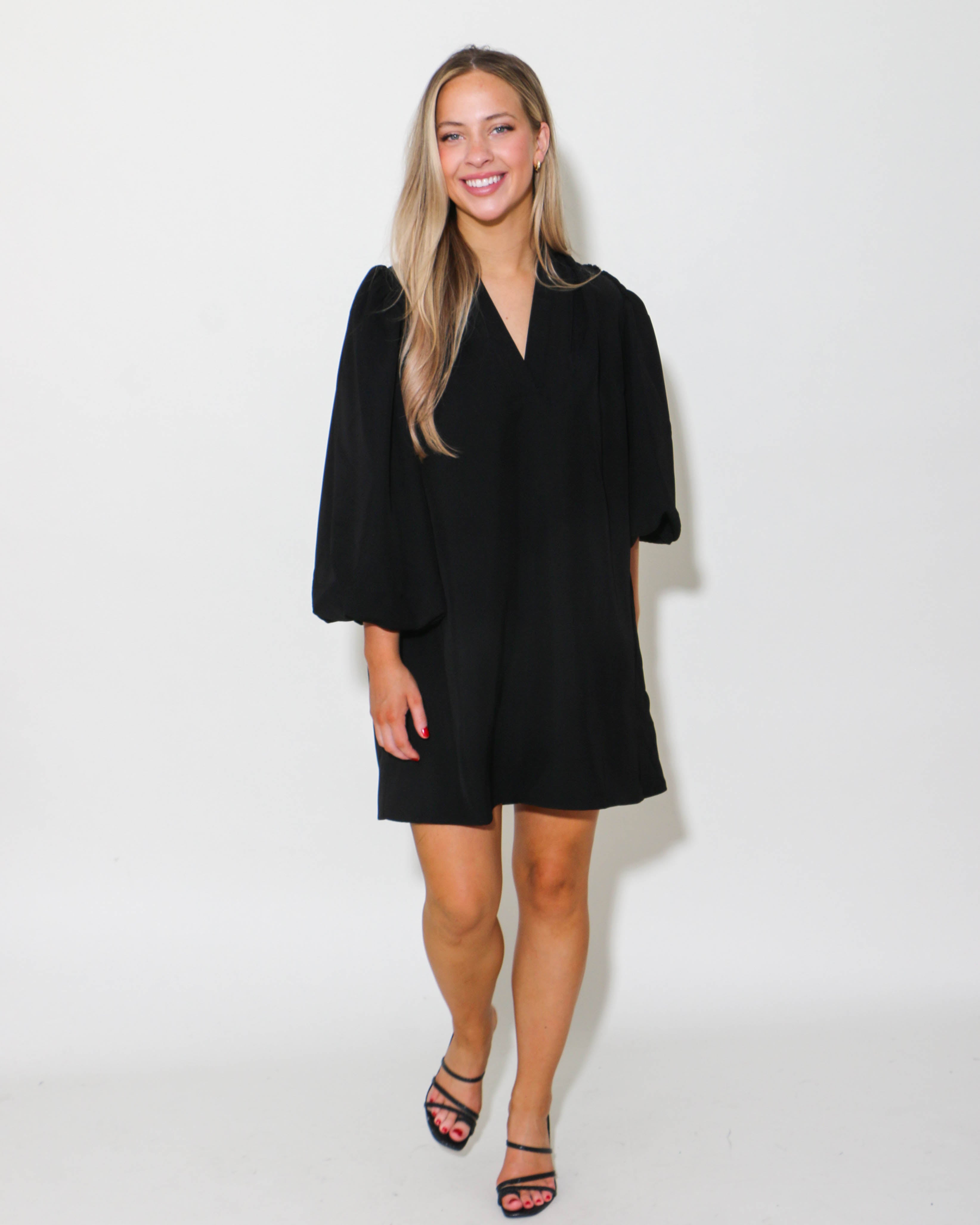 V-Neck Flutter Sleeve Dress in Black