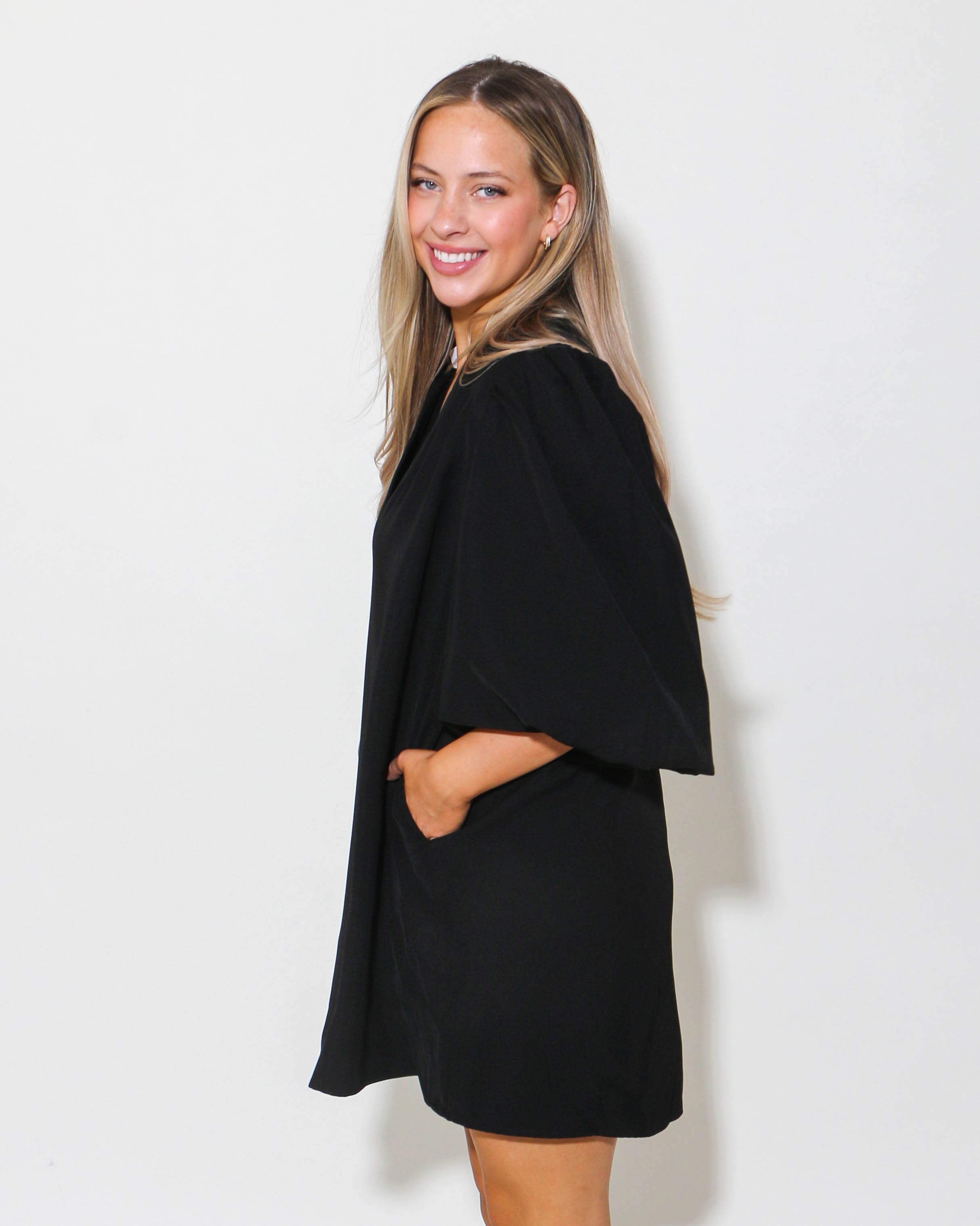 V-Neck Flutter Sleeve Dress in Black