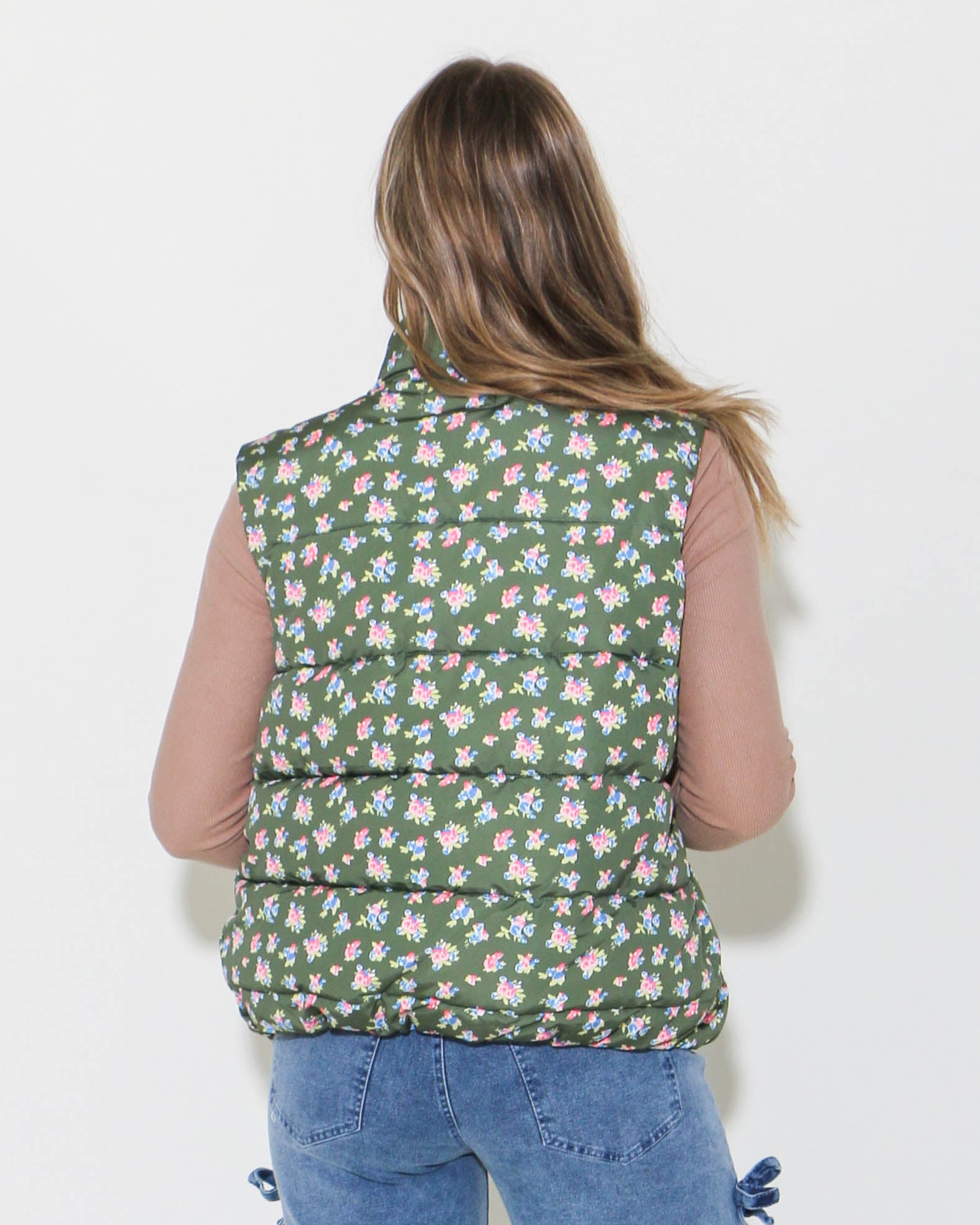 Floral Print Front Zipper Puffer Vest