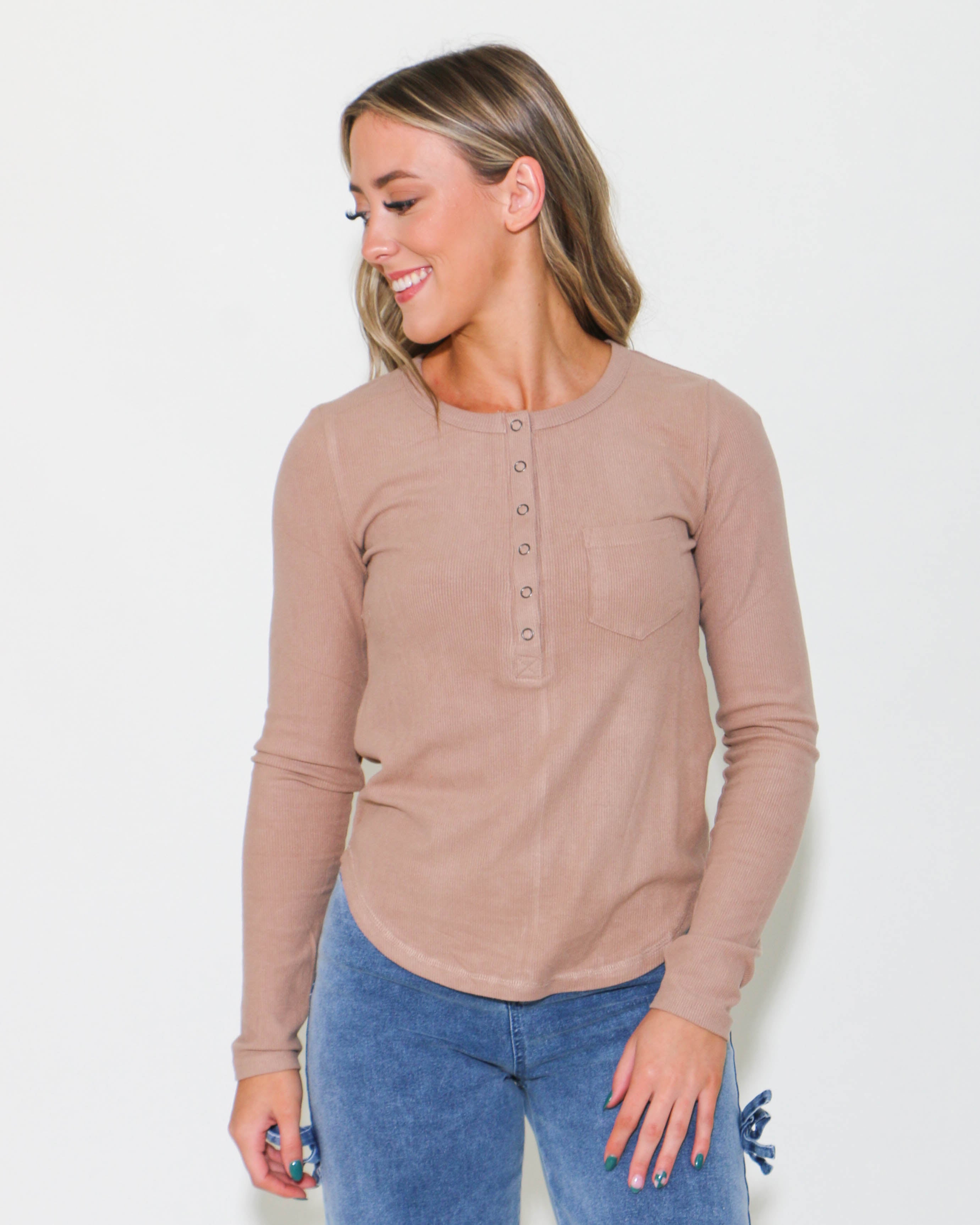 Soft Cozy Brushed Ribbed Knit Top in Taupe