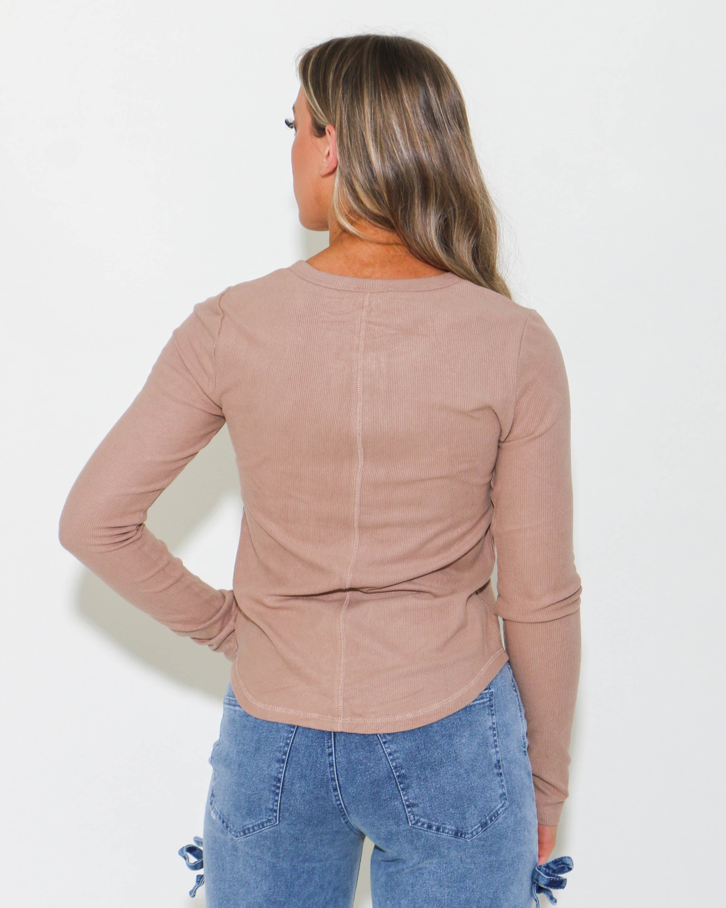 Soft Cozy Brushed Ribbed Knit Top in Taupe