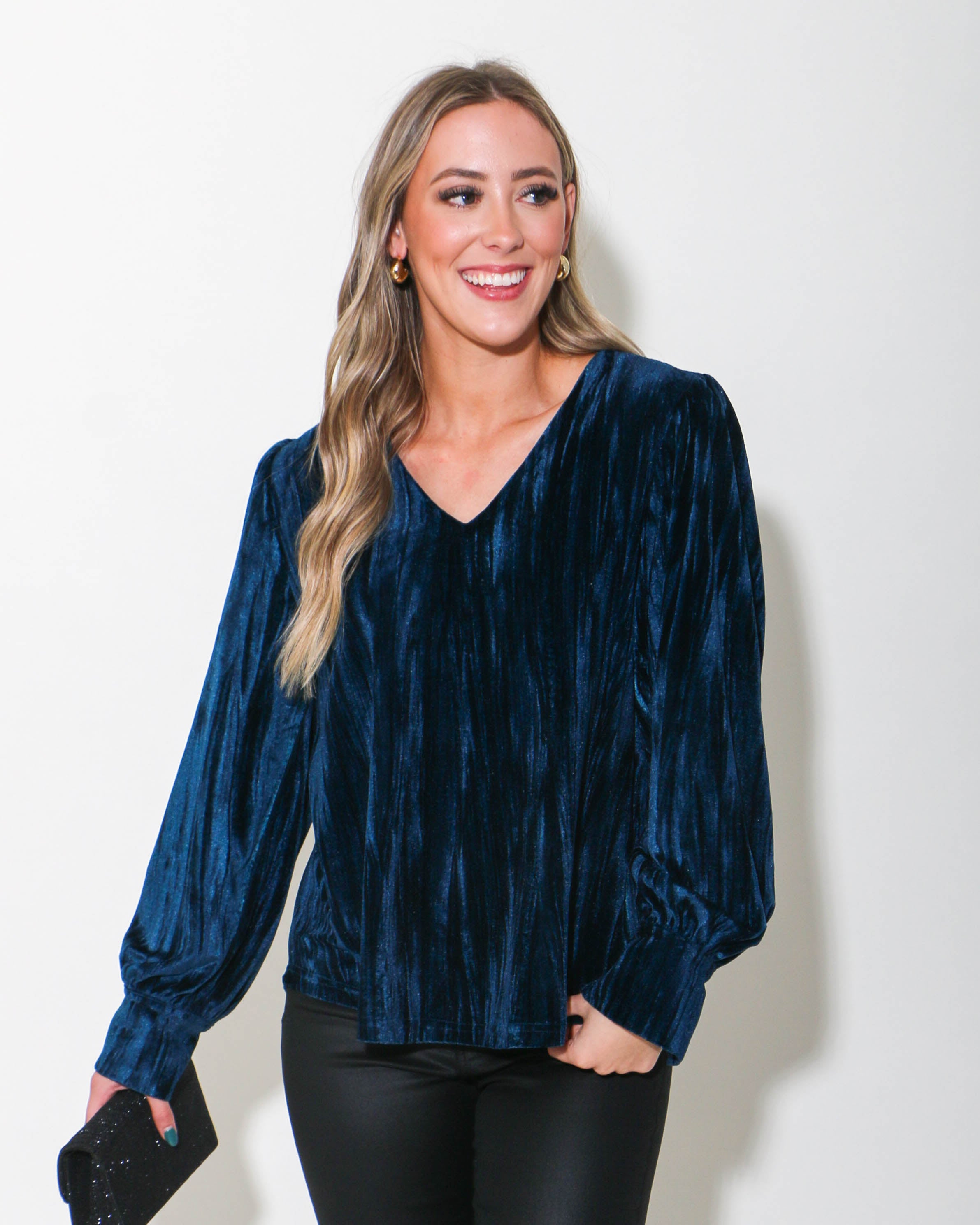 Teal Textured Velvet Long Sleeve Top