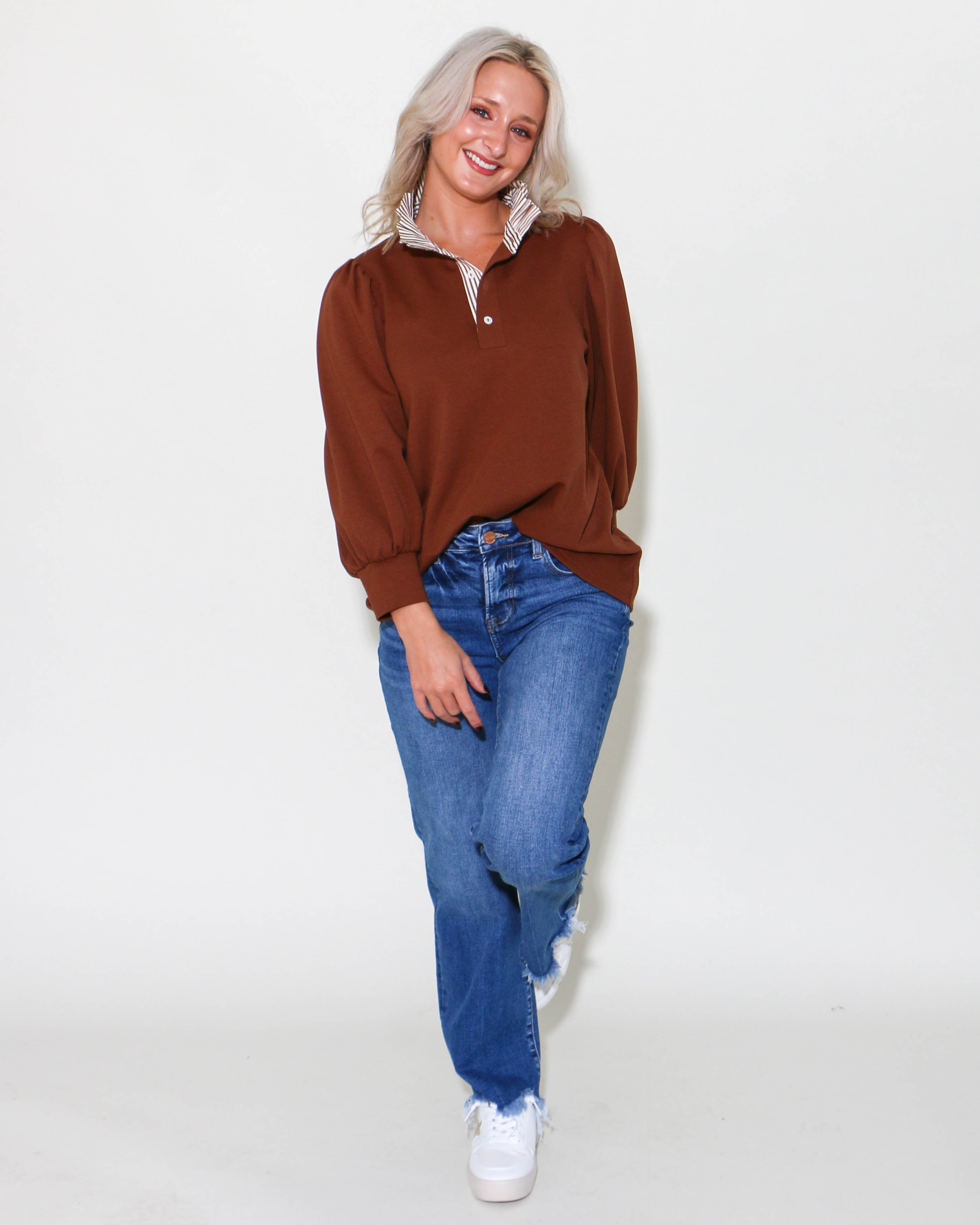 Brown Balloon Sleeve Popover Top