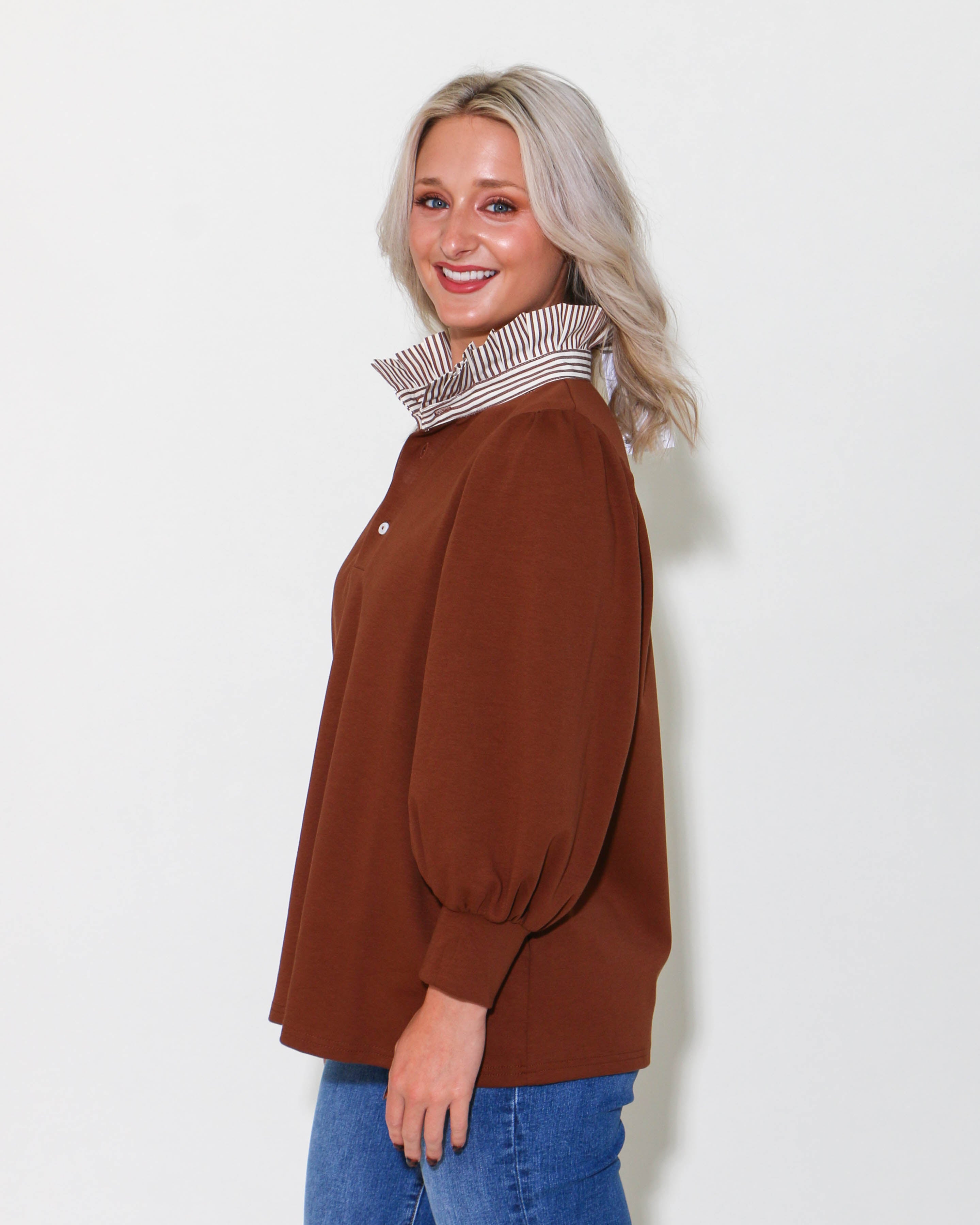 Brown Balloon Sleeve Popover Top