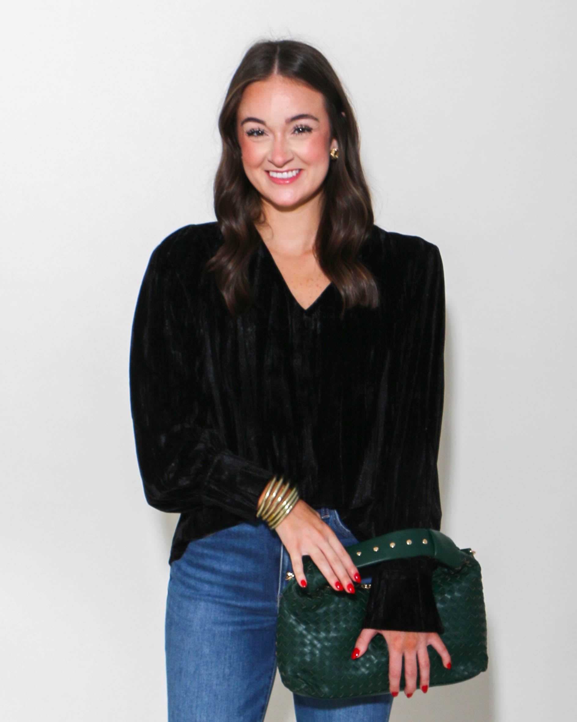 Black Textured Velvet Long Sleeve Top