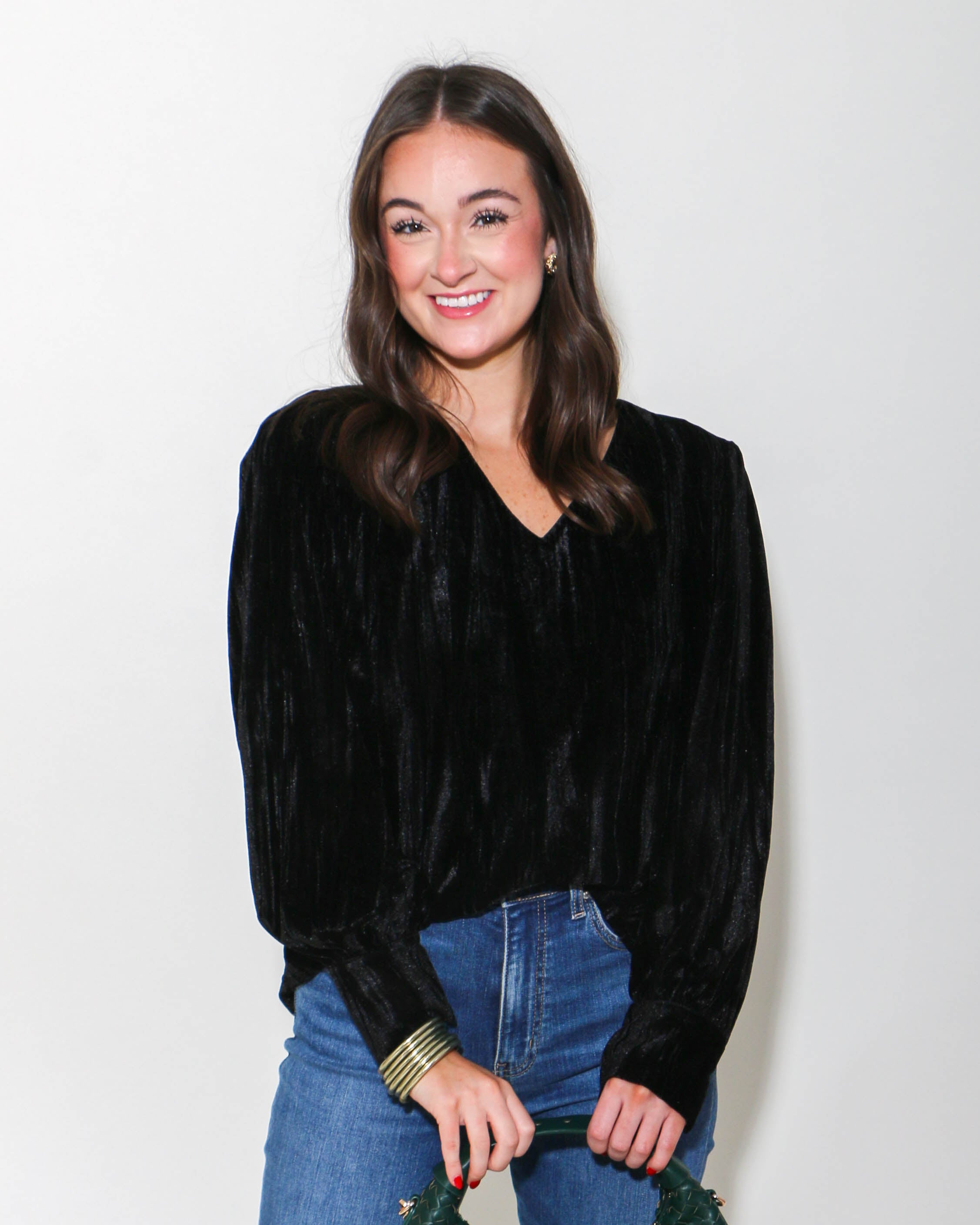 Black Textured Velvet Long Sleeve Top