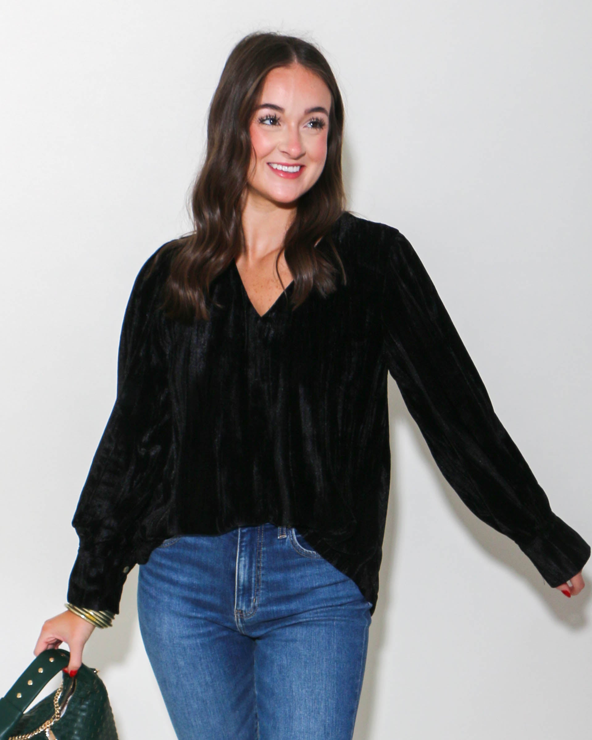 Black Textured Velvet Long Sleeve Top