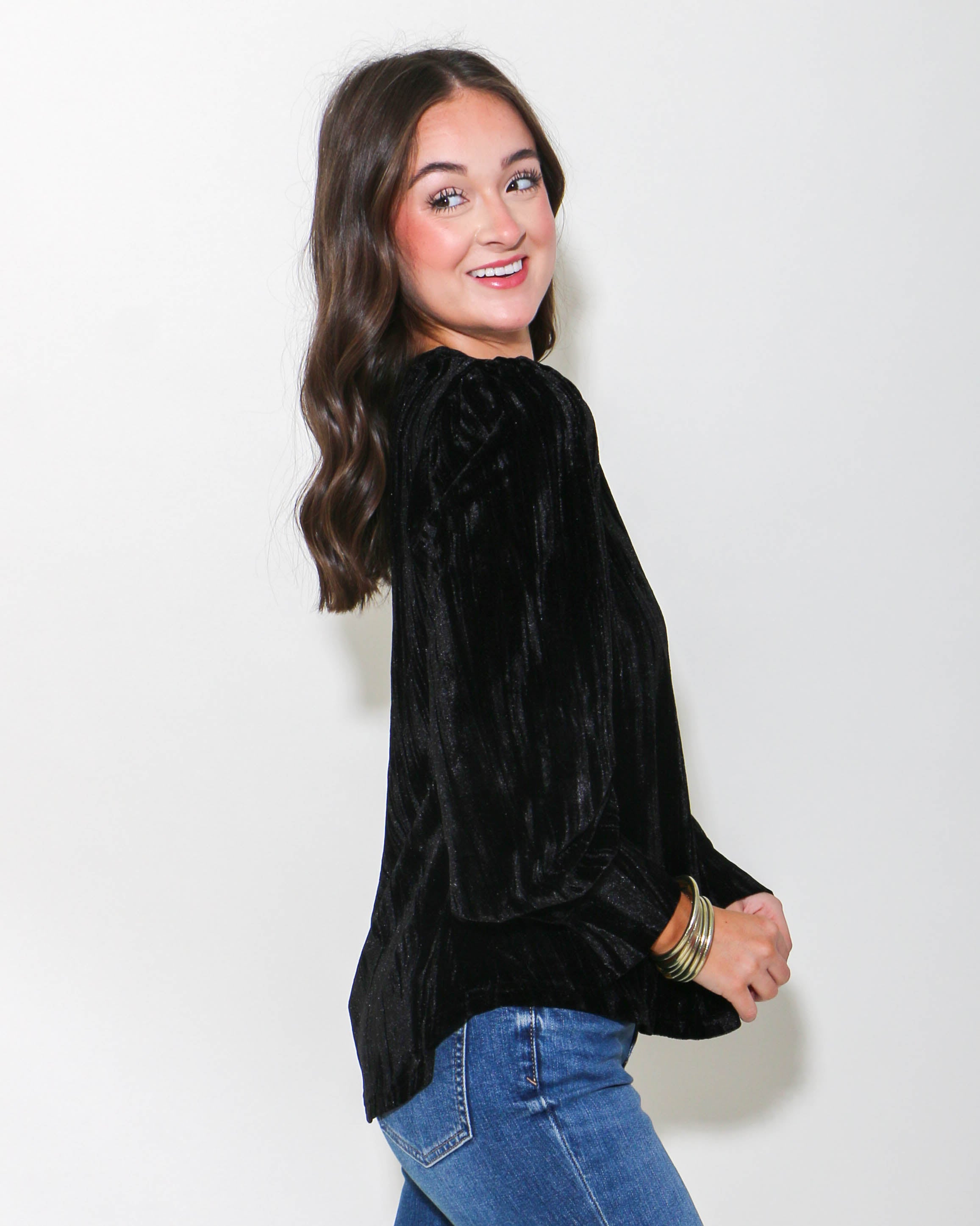 Black Textured Velvet Long Sleeve Top