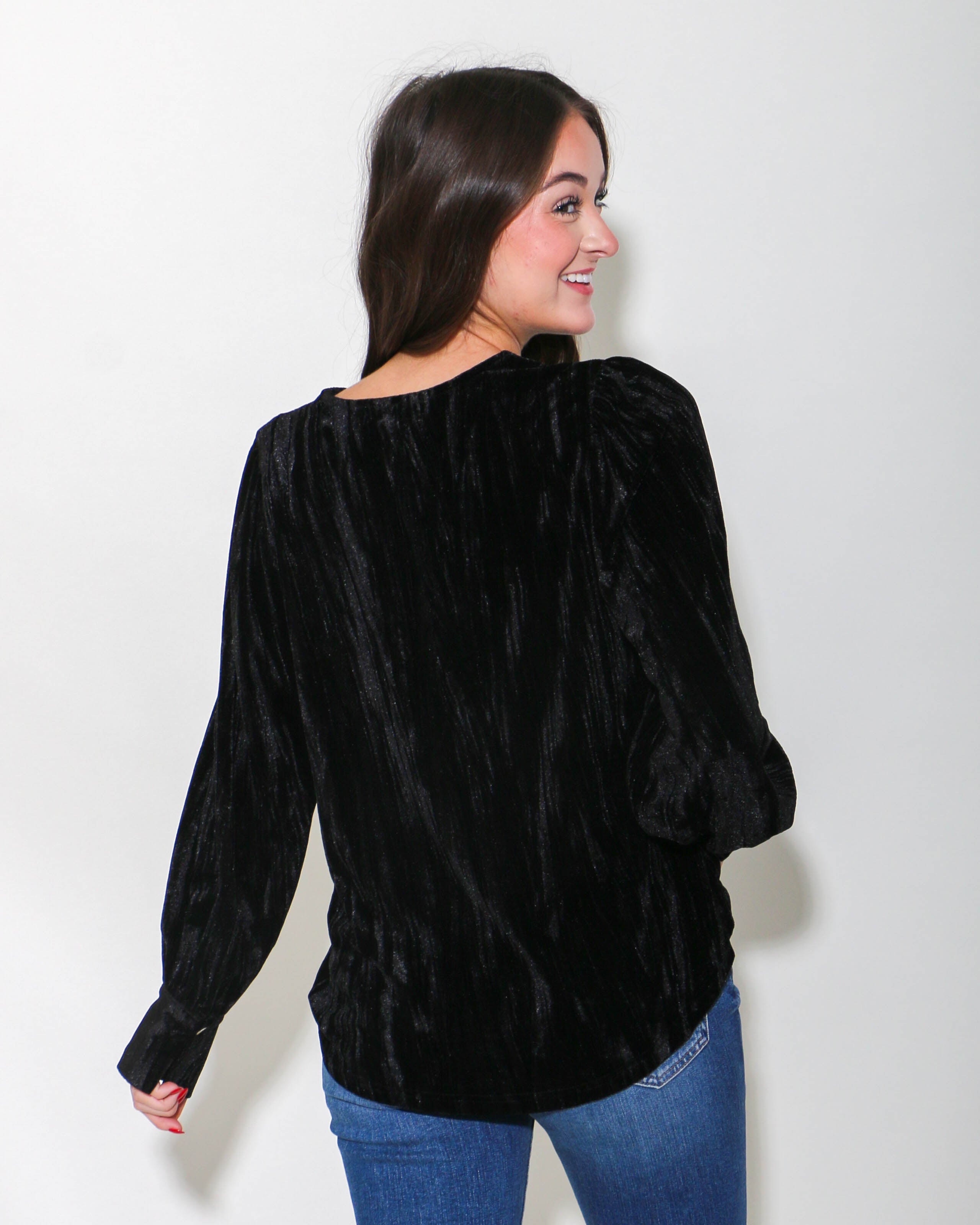 Black Textured Velvet Long Sleeve Top