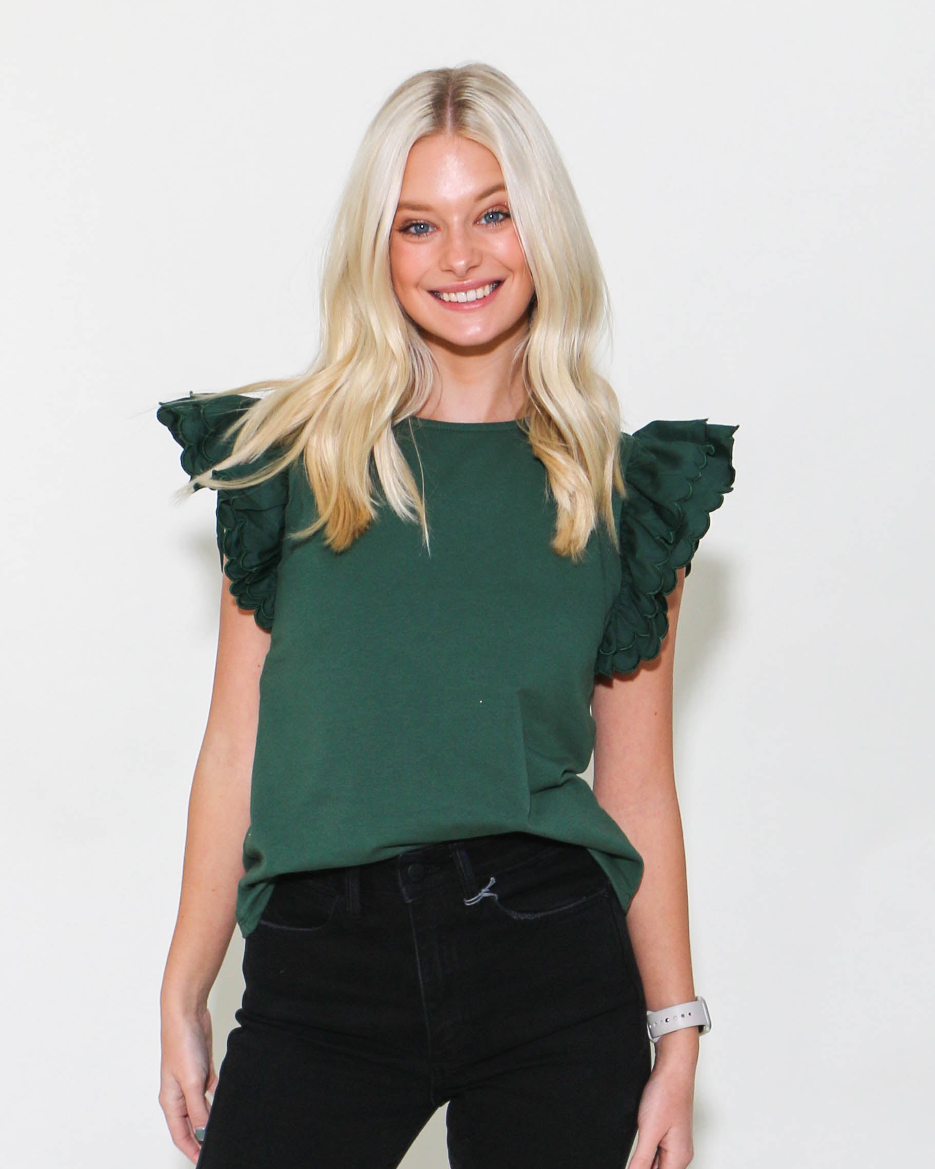 Scalloped Detail Poplin Top in Hunter Green