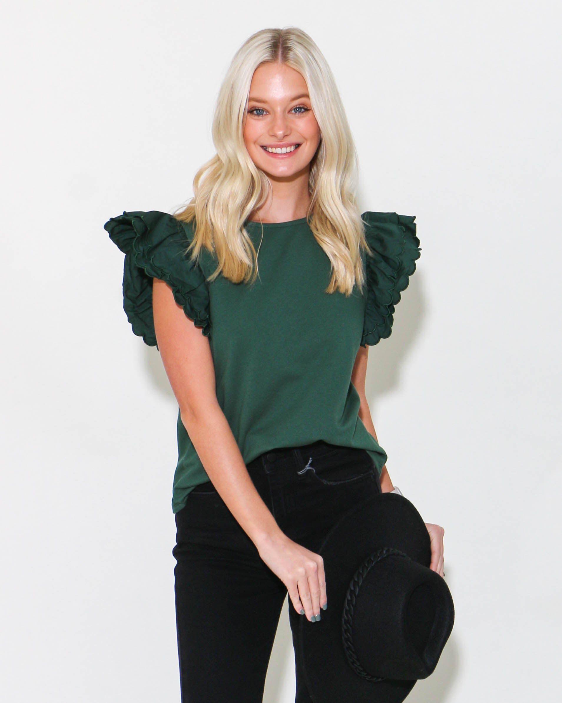 Scalloped Detail Poplin Top in Hunter Green