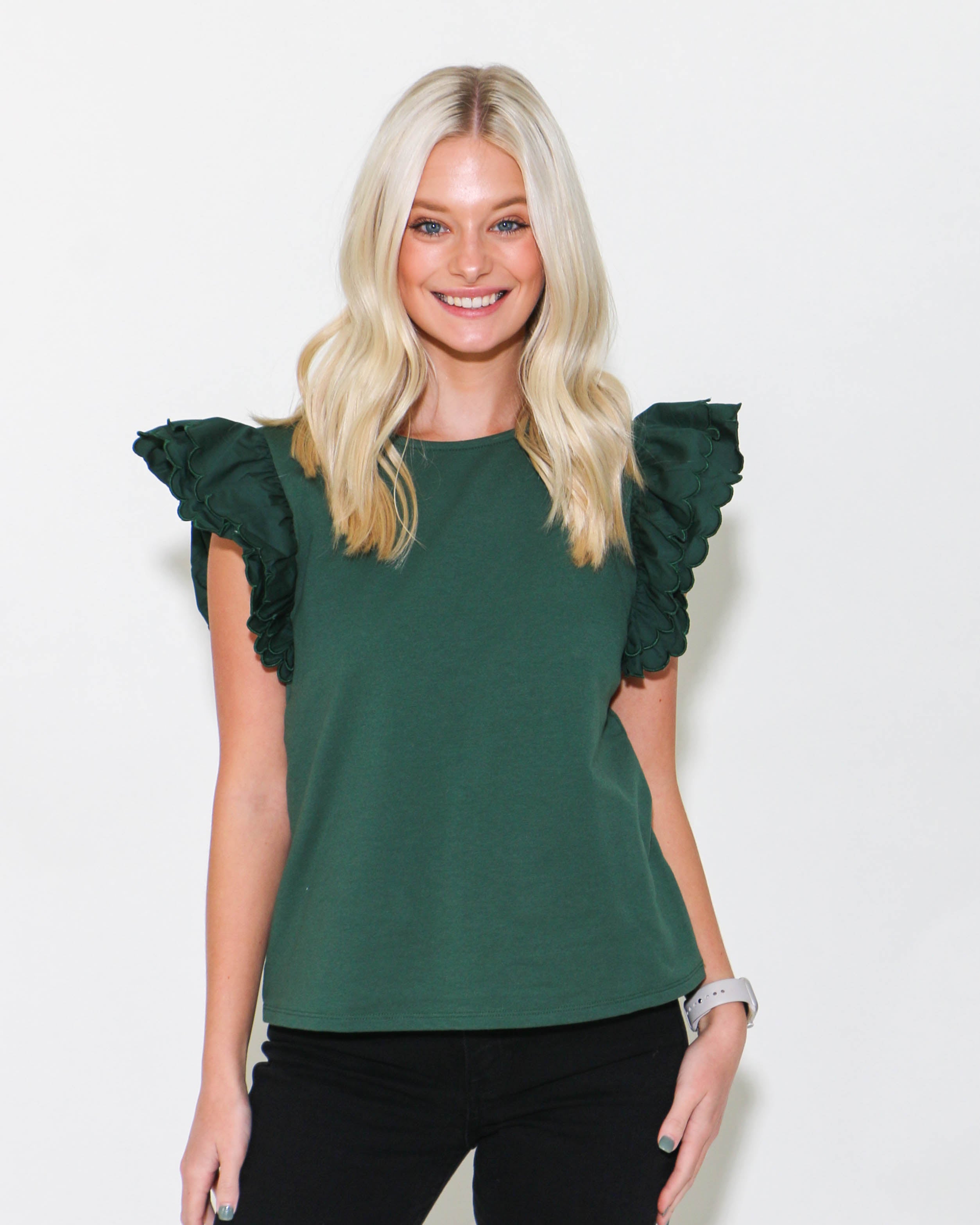 Scalloped Detail Poplin Top in Hunter Green