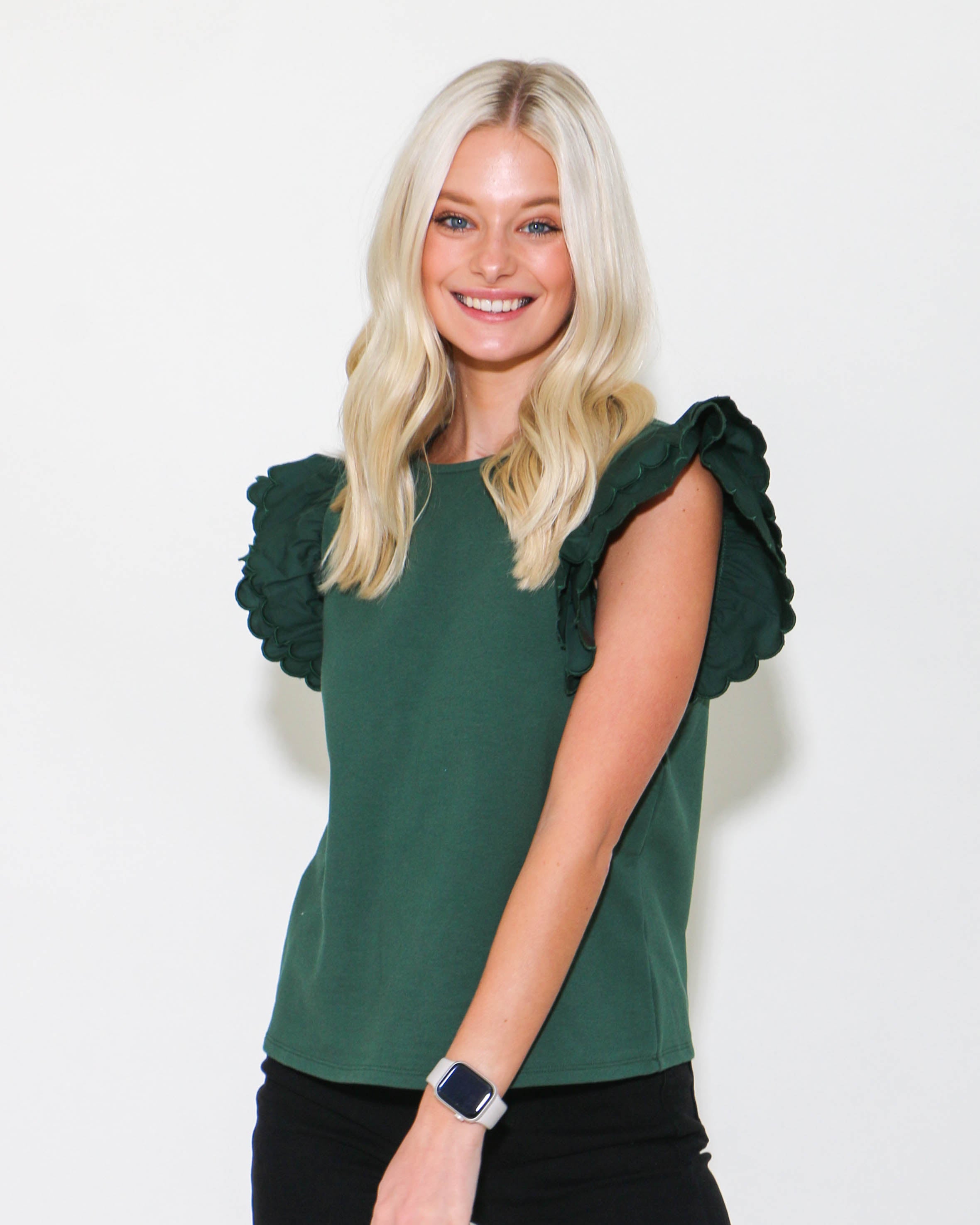 Scalloped Detail Poplin Top in Hunter Green