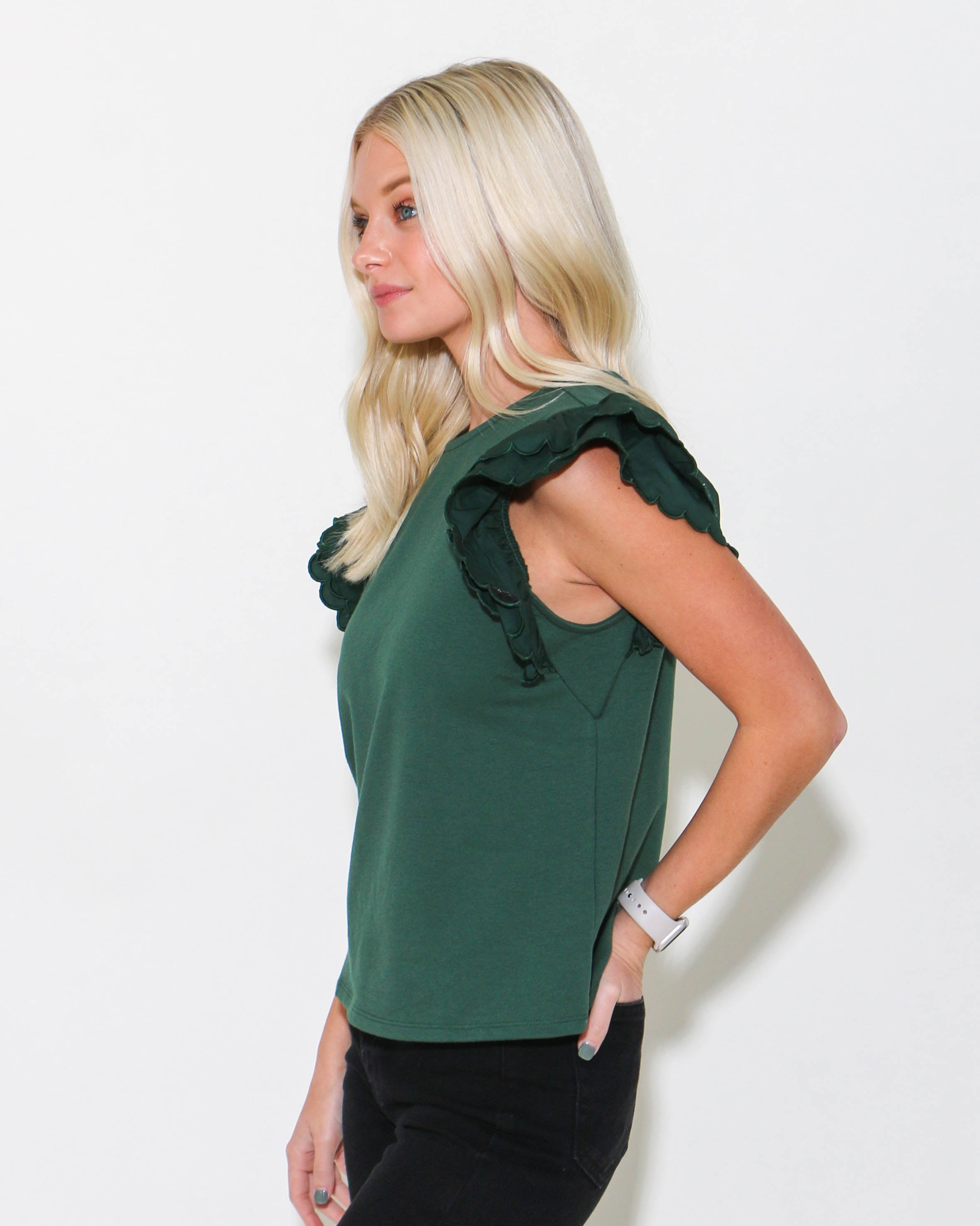 Scalloped Detail Poplin Top in Hunter Green