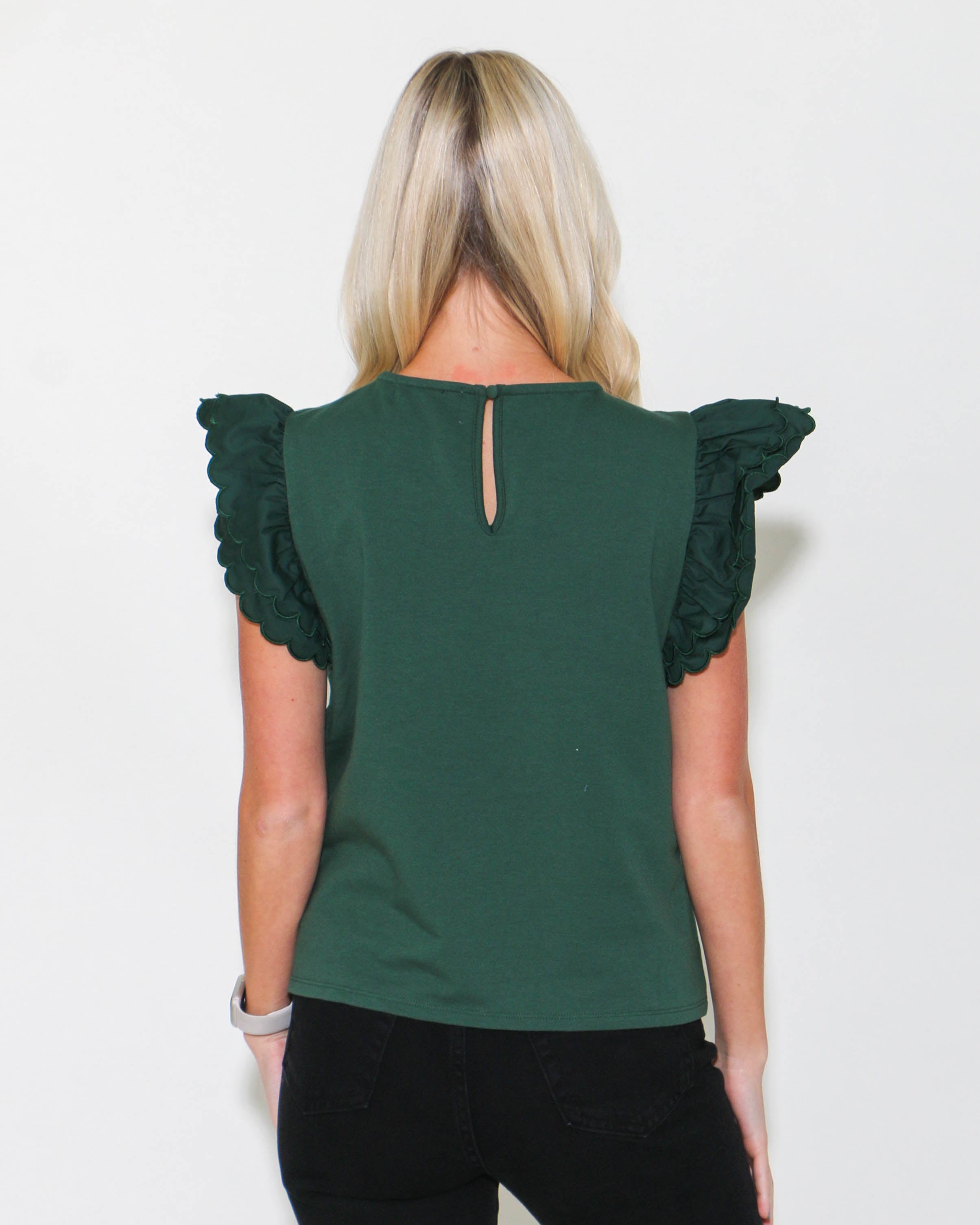 Scalloped Detail Poplin Top in Hunter Green