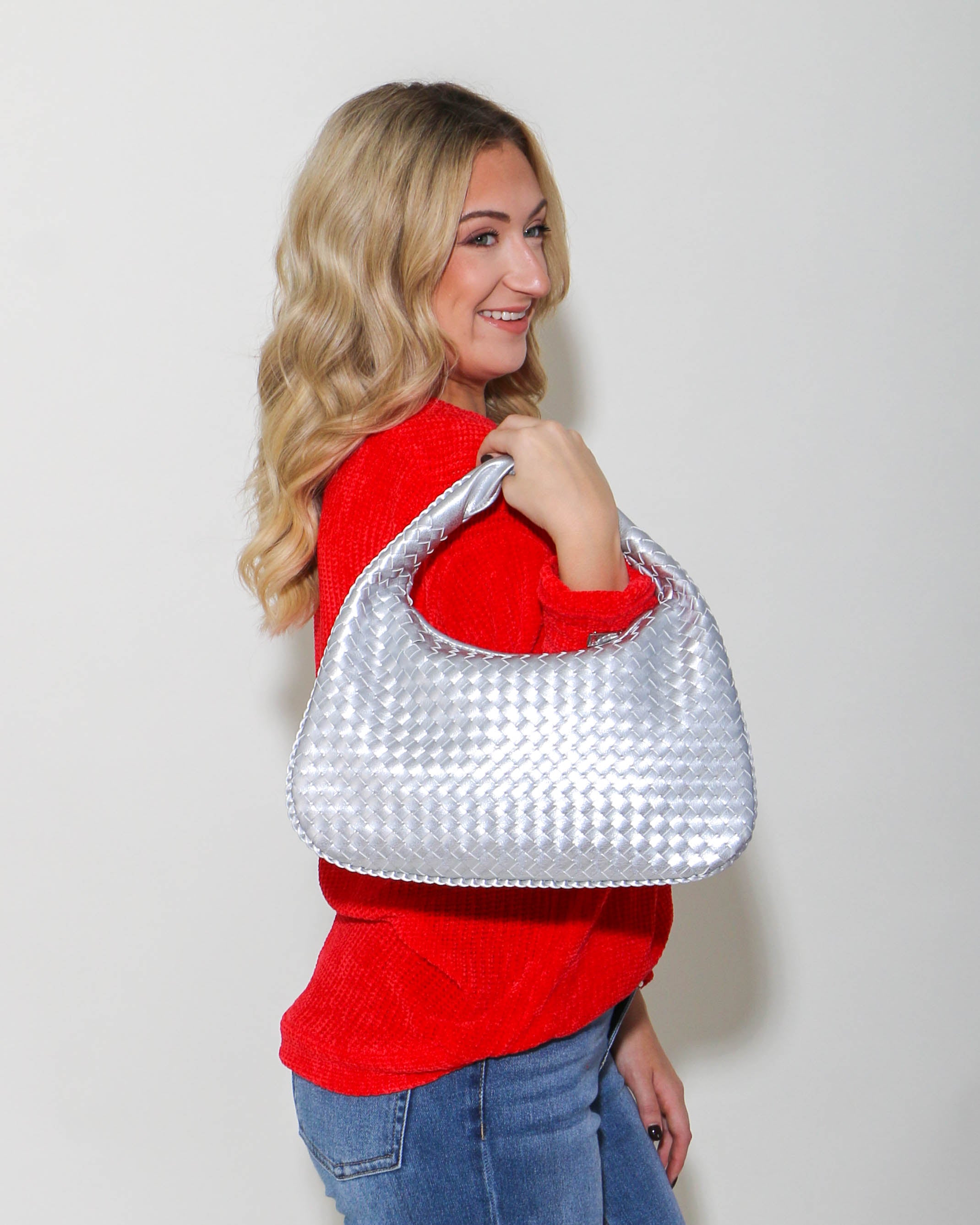 Woven Braided Hobo Bag in Silver