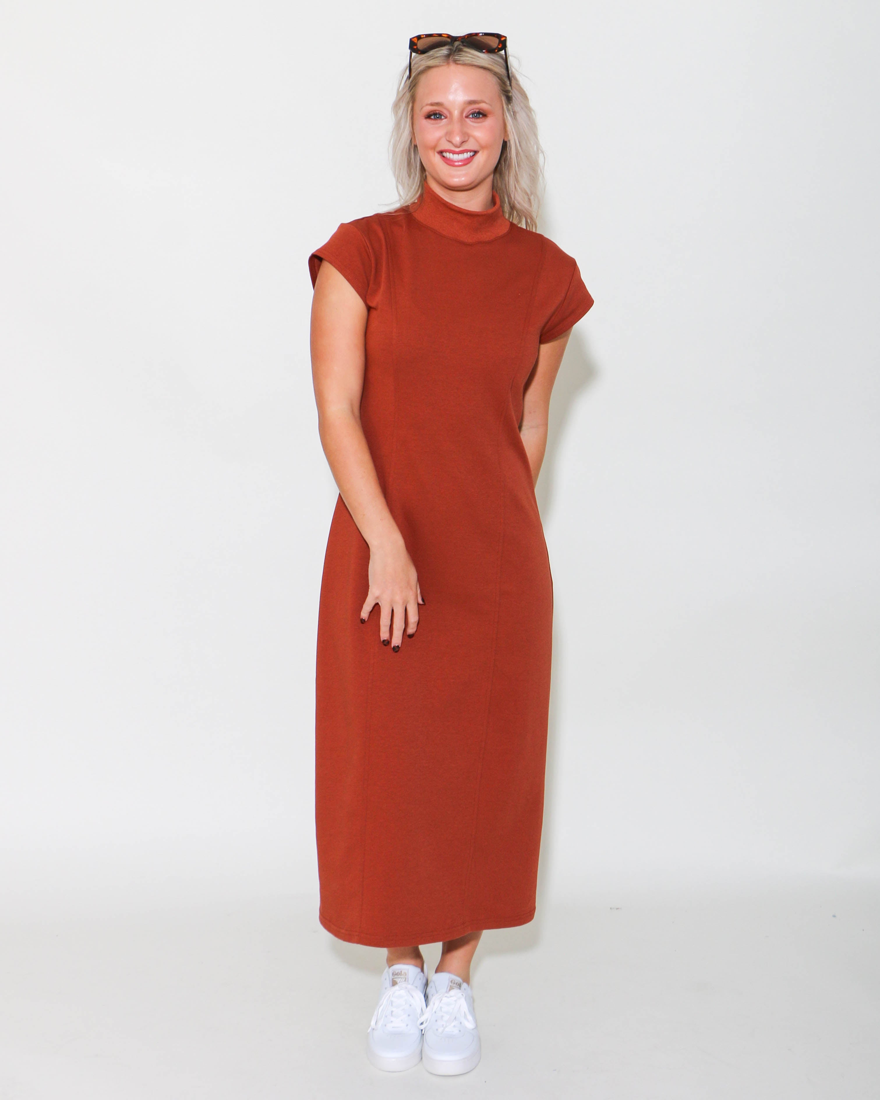 Solid Cap Sleeve Sheath Midi Dress in Chestnut