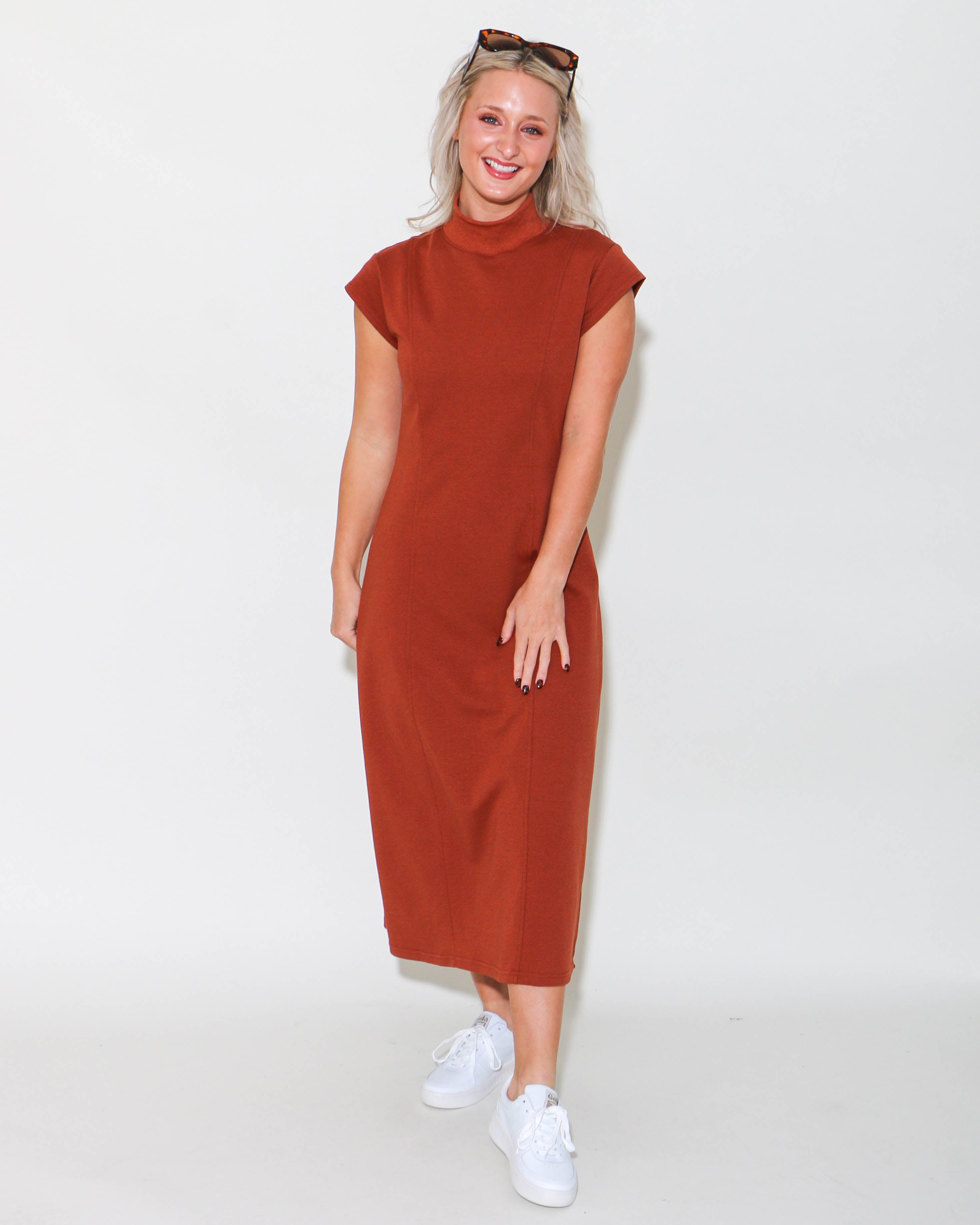 Solid Cap Sleeve Sheath Midi Dress in Chestnut