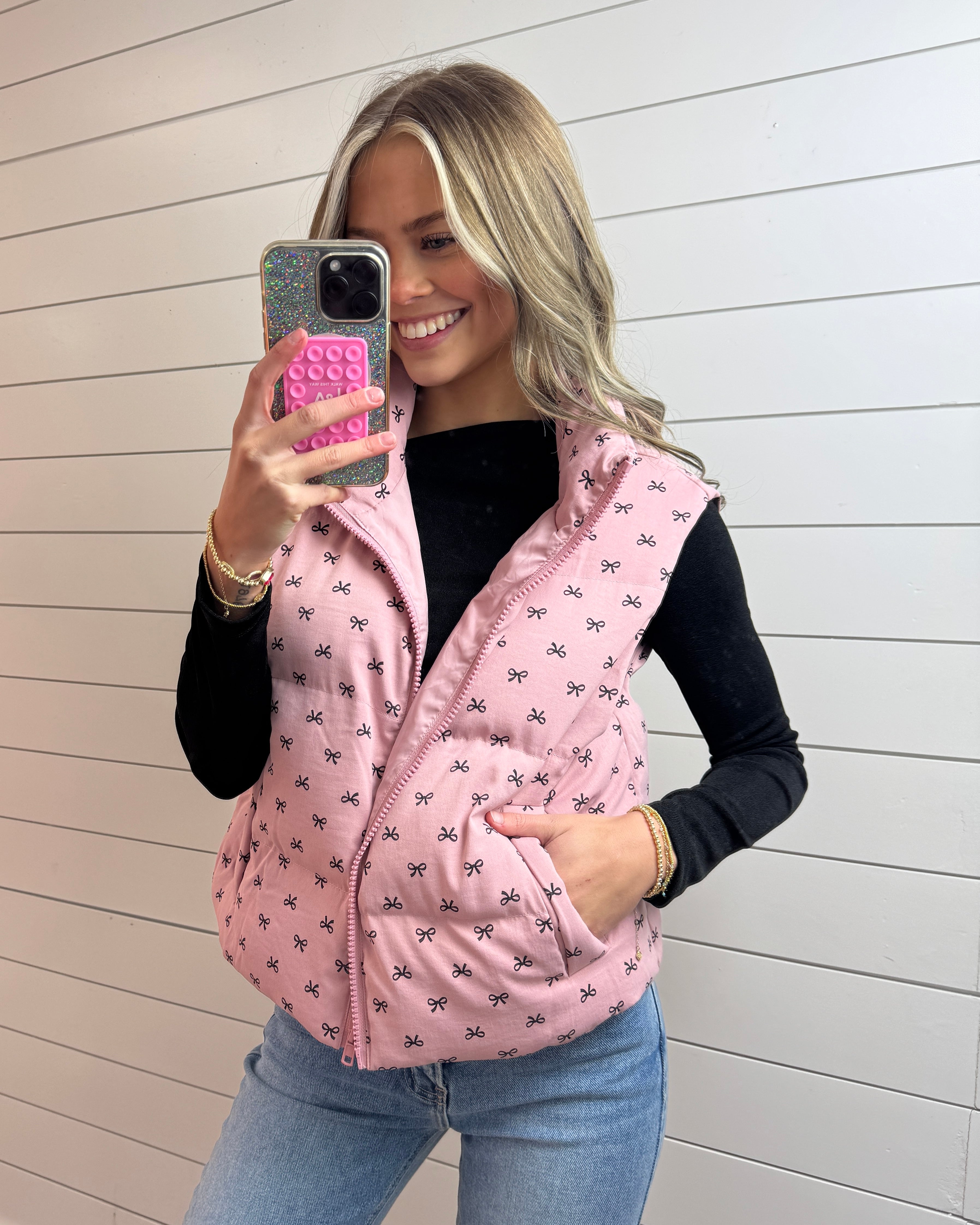 Bow Print Pink Puffer Vest