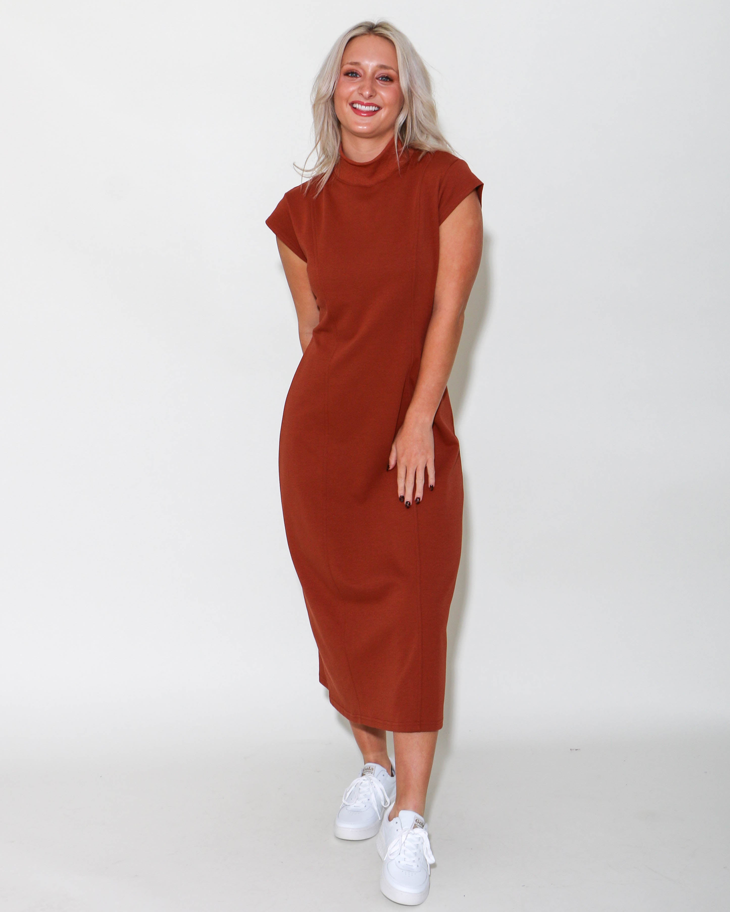 Solid Cap Sleeve Sheath Midi Dress in Chestnut