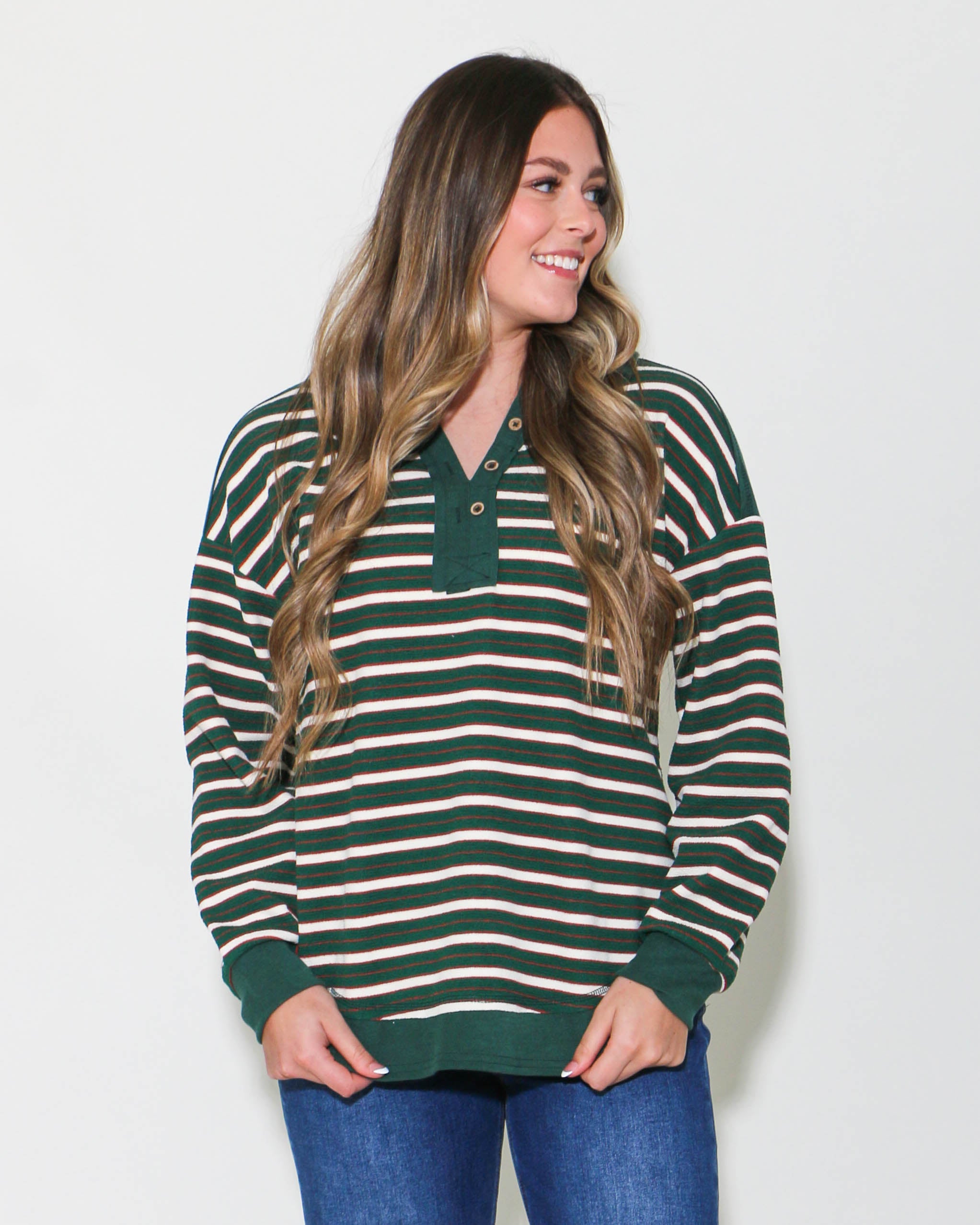 Oversized Casual Striped Knit Top in Forest