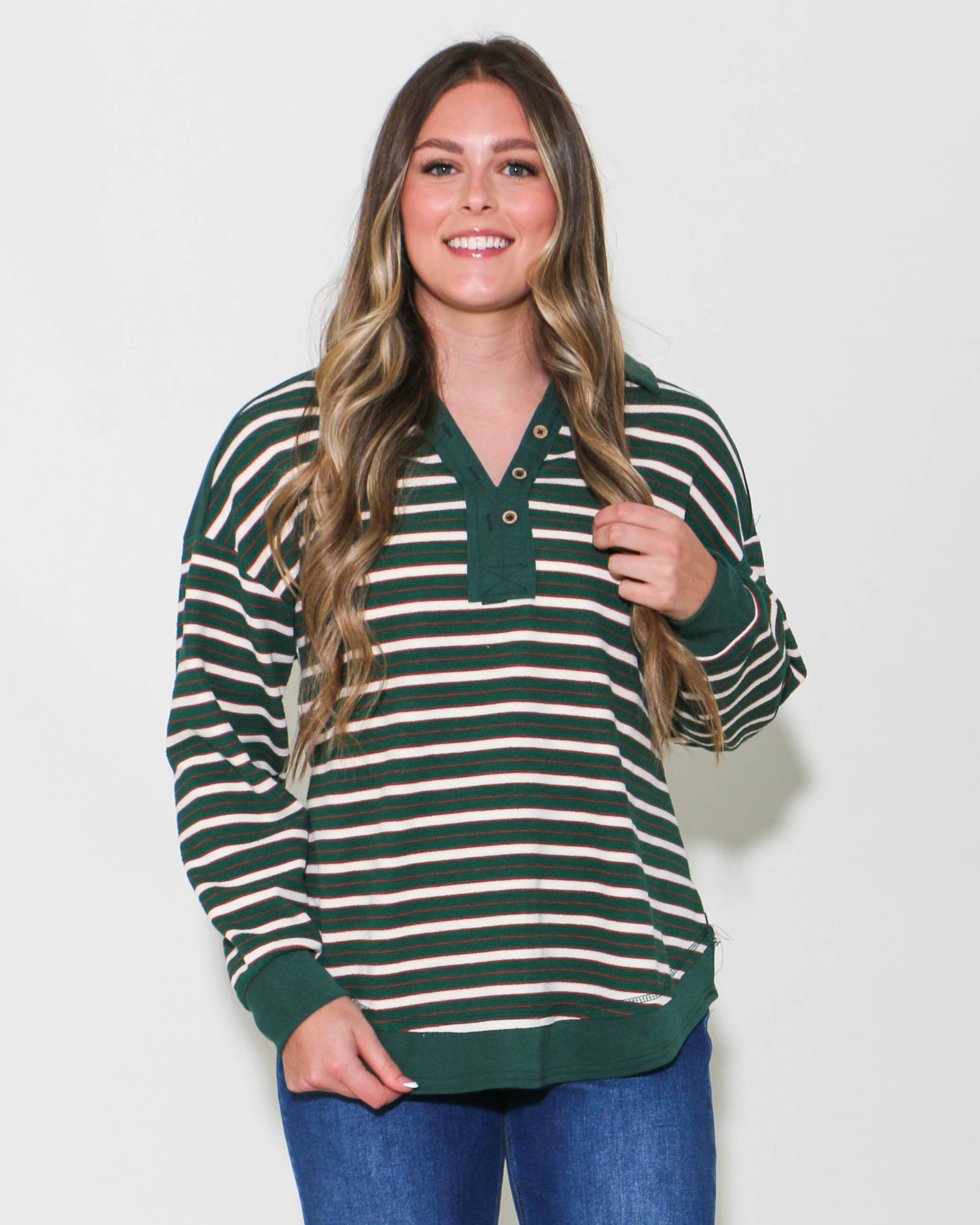 Oversized Casual Striped Knit Top in Forest