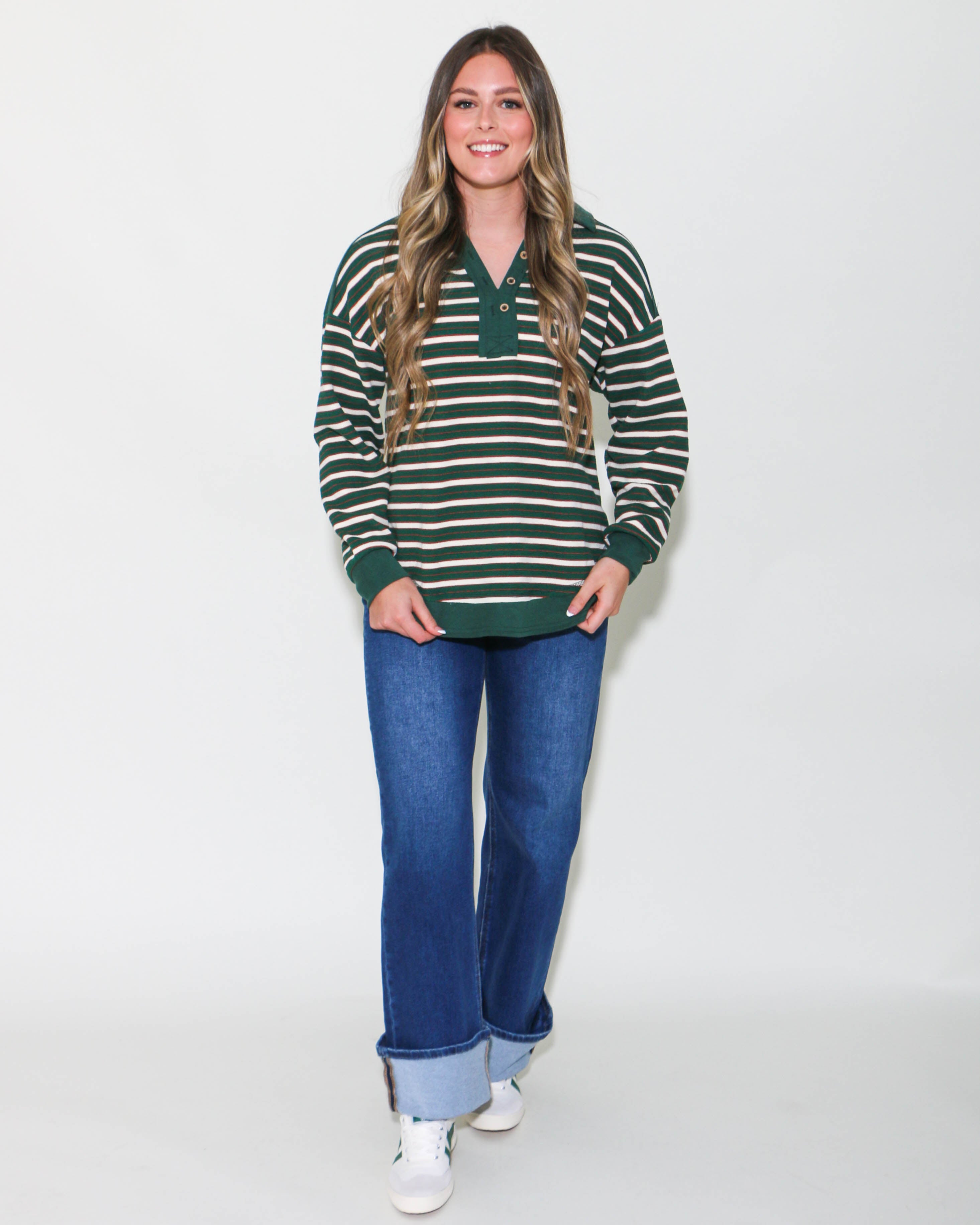 Oversized Casual Striped Knit Top in Forest