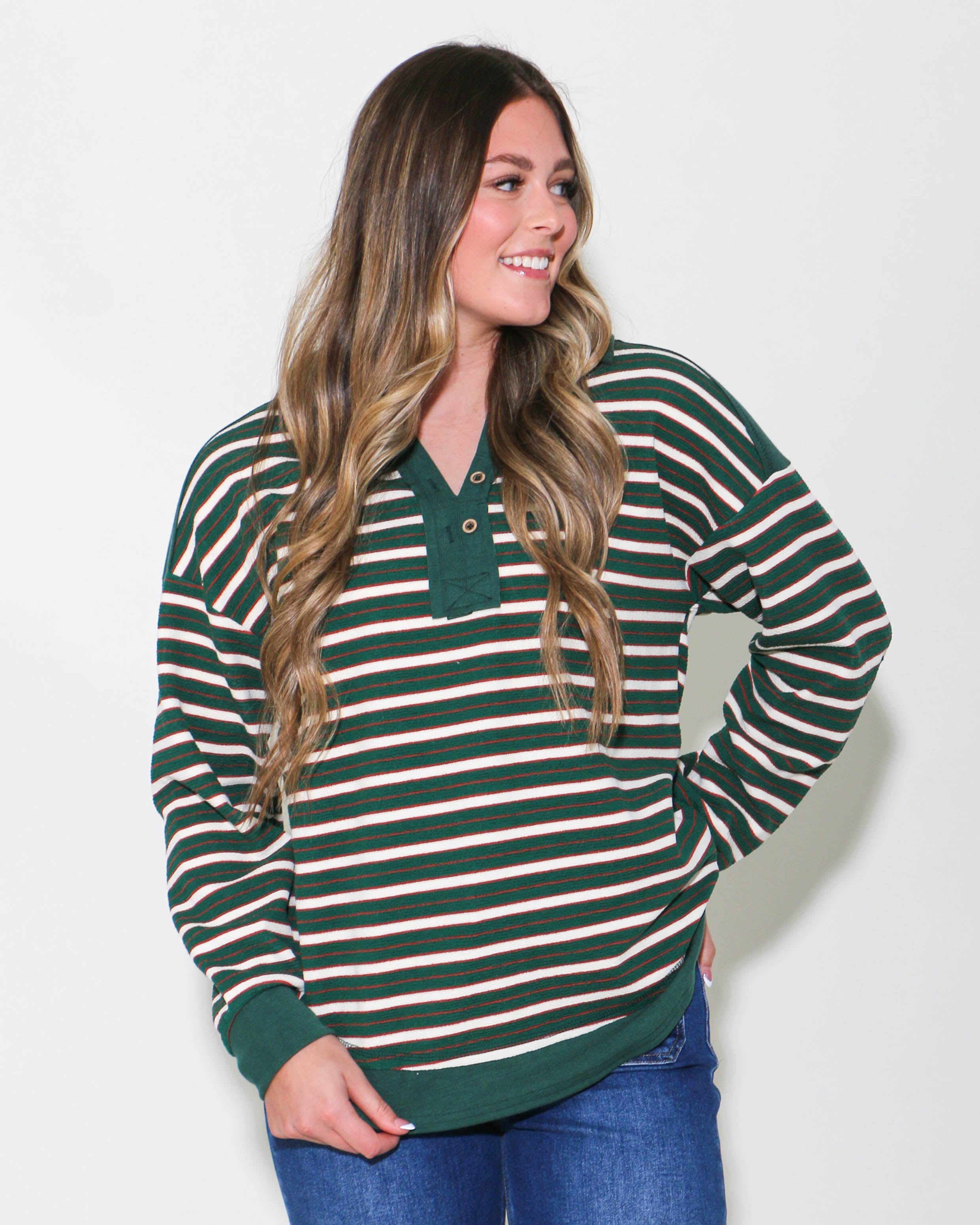 Oversized Casual Striped Knit Top in Forest