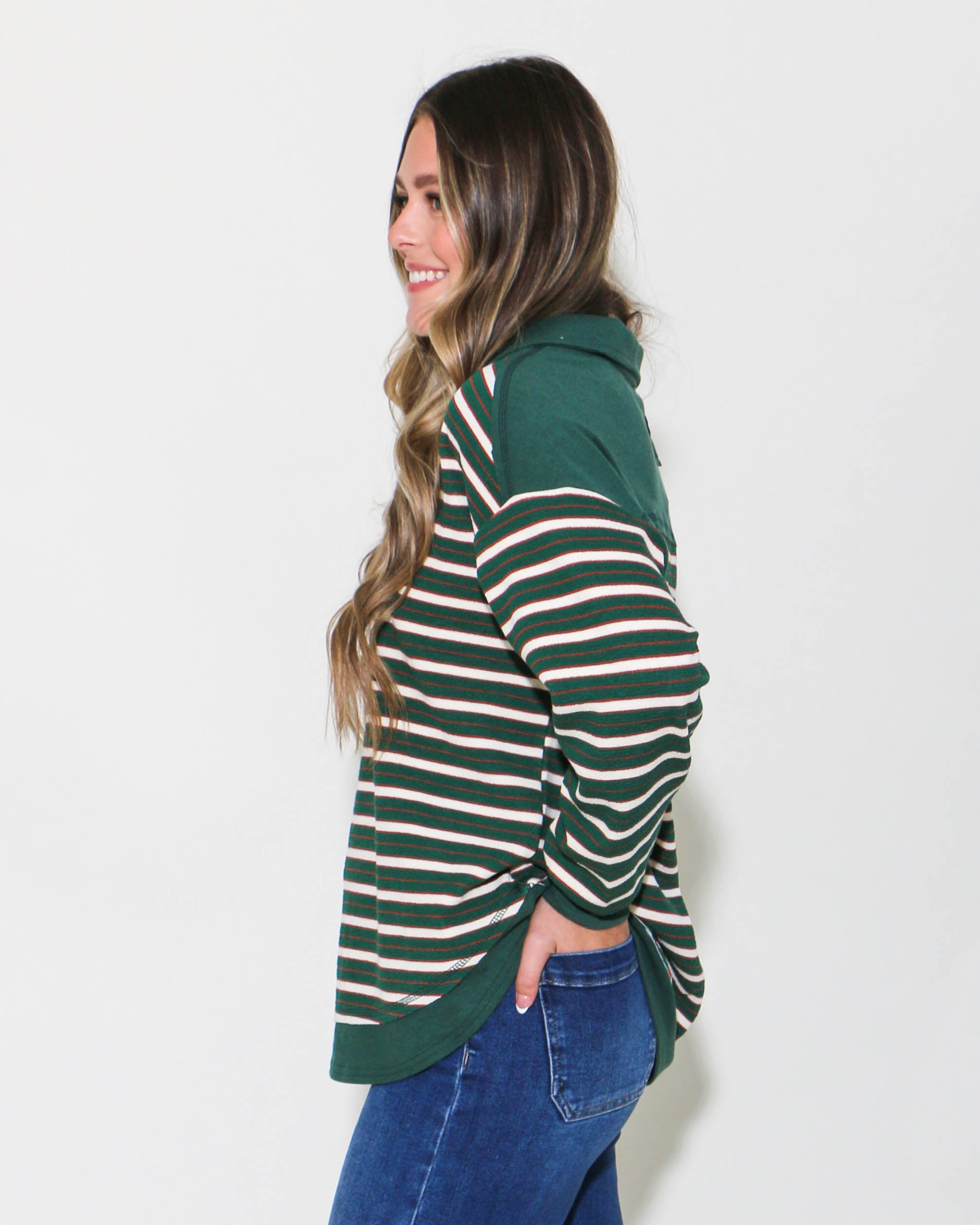 Oversized Casual Striped Knit Top in Forest