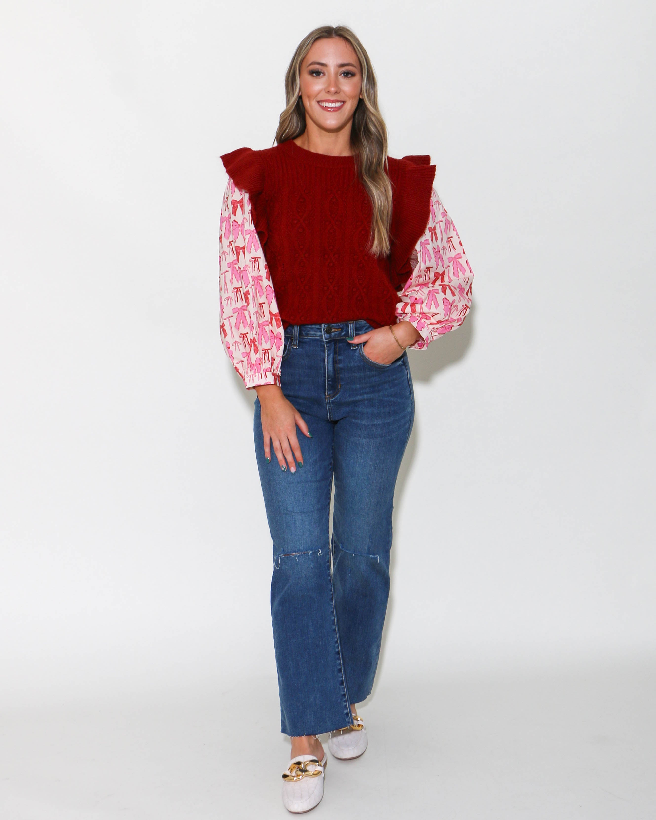 Ruby Sweater With Bow Poplin Puff Sleeves