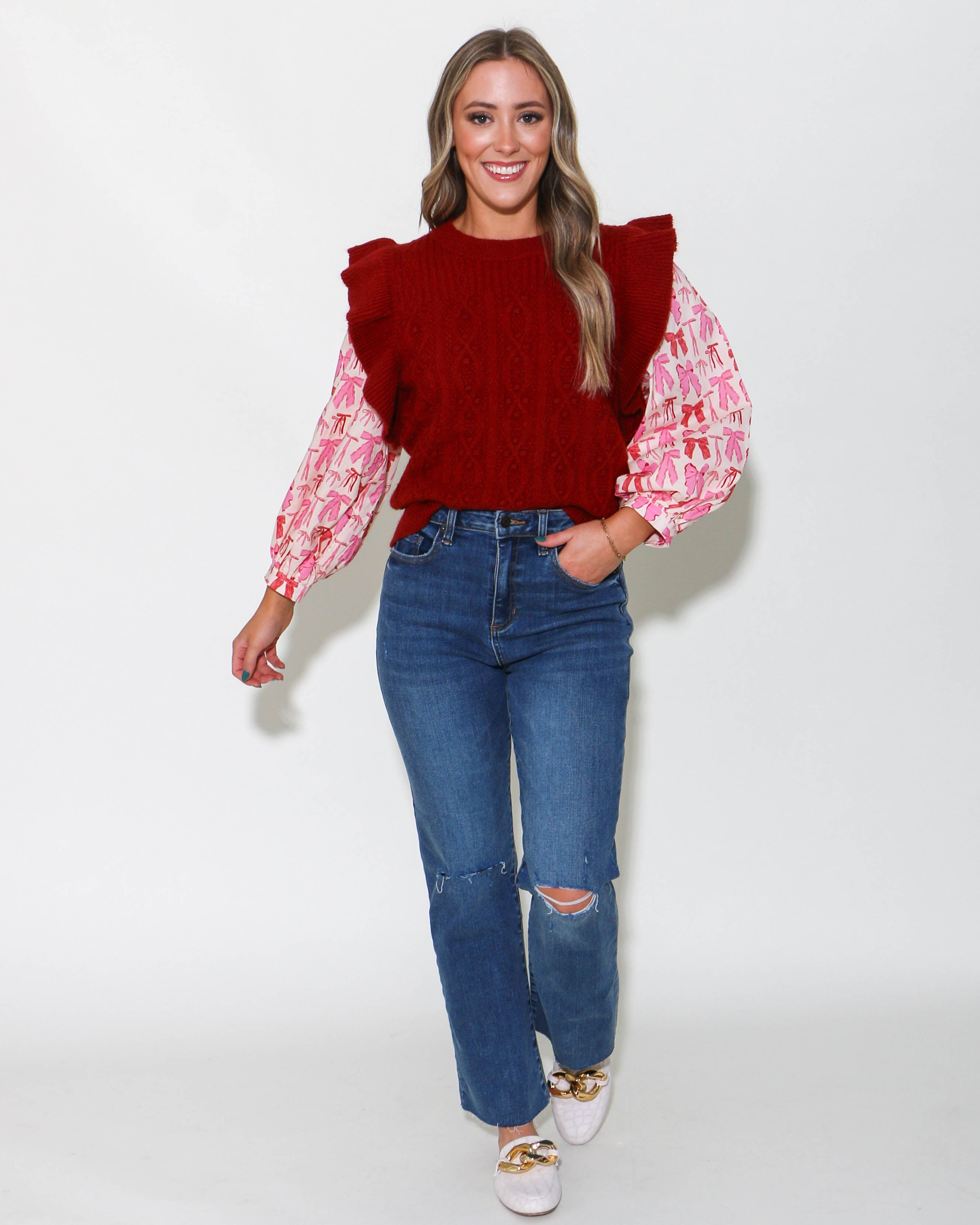 Ruby Sweater With Bow Poplin Puff Sleeves