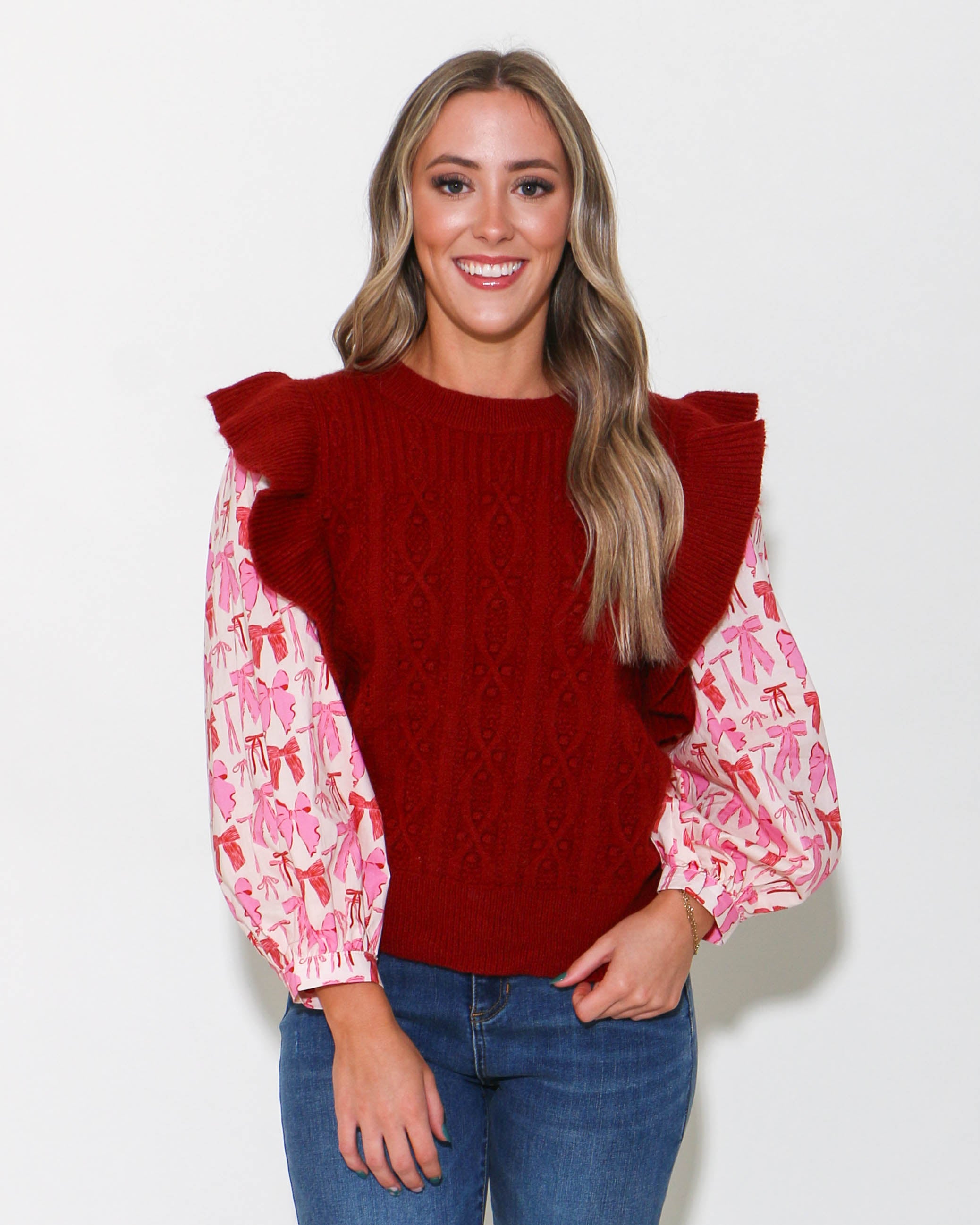 Ruby Sweater With Bow Poplin Puff Sleeves