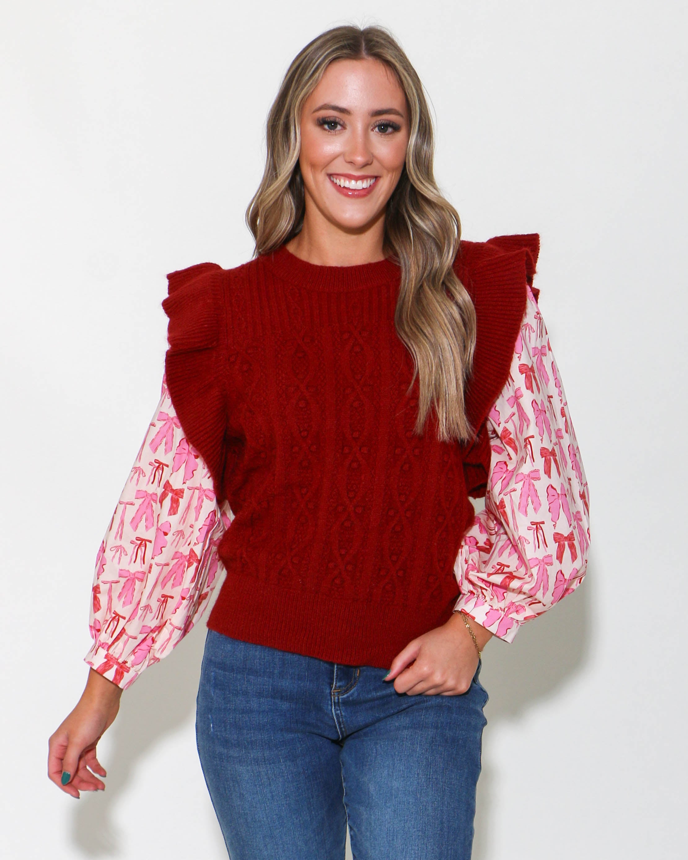 Ruby Sweater With Bow Poplin Puff Sleeves