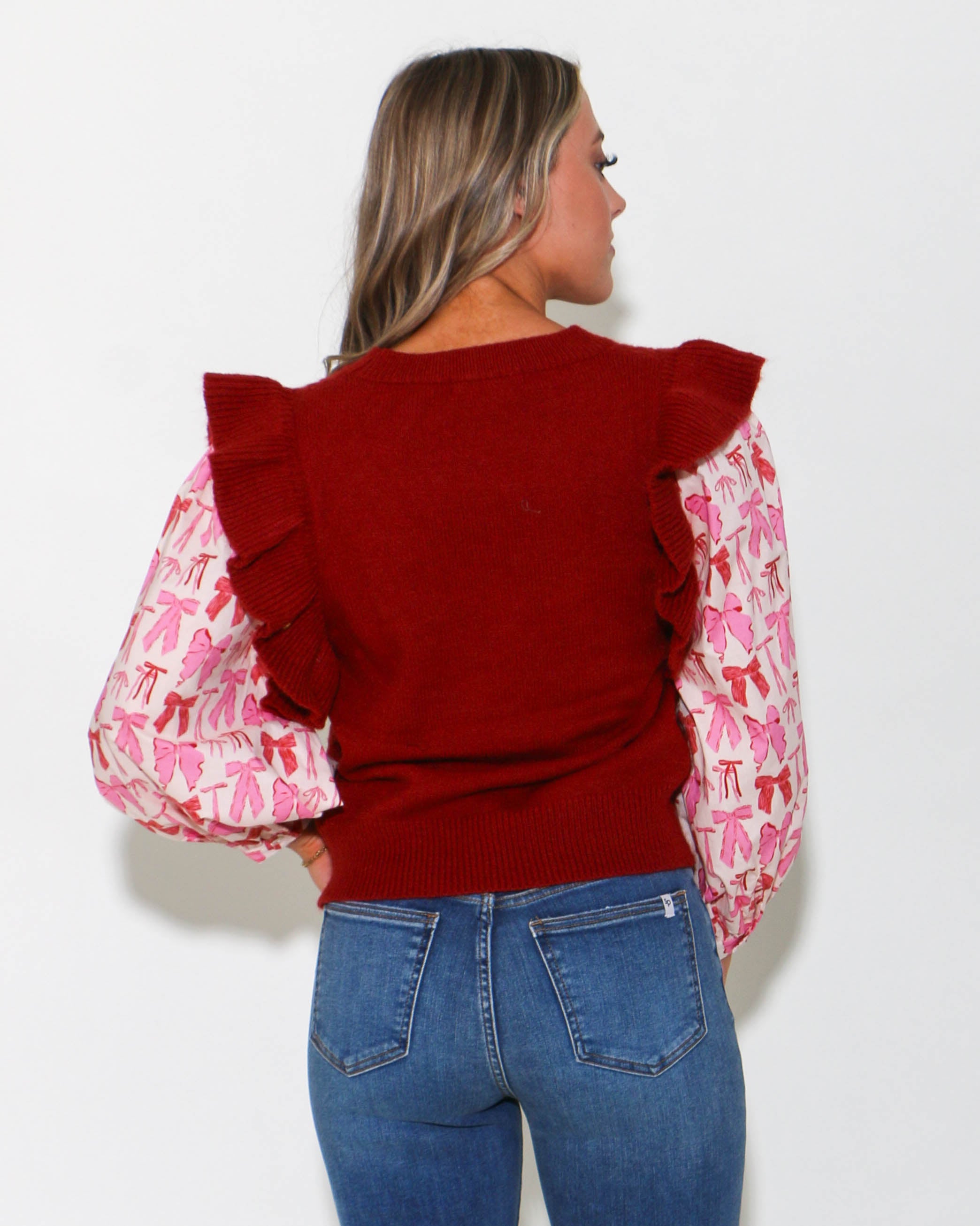 Ruby Sweater With Bow Poplin Puff Sleeves