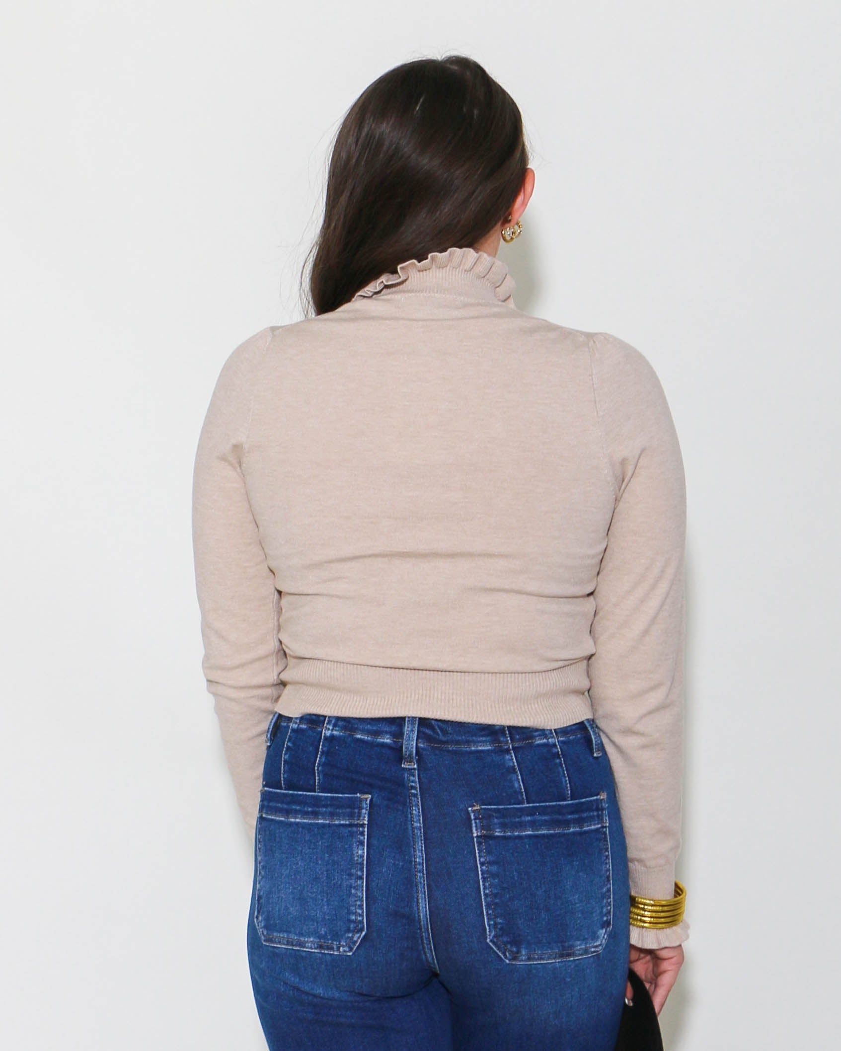 Solid Mock Neck Frill Edged Sweater in Oatmeal