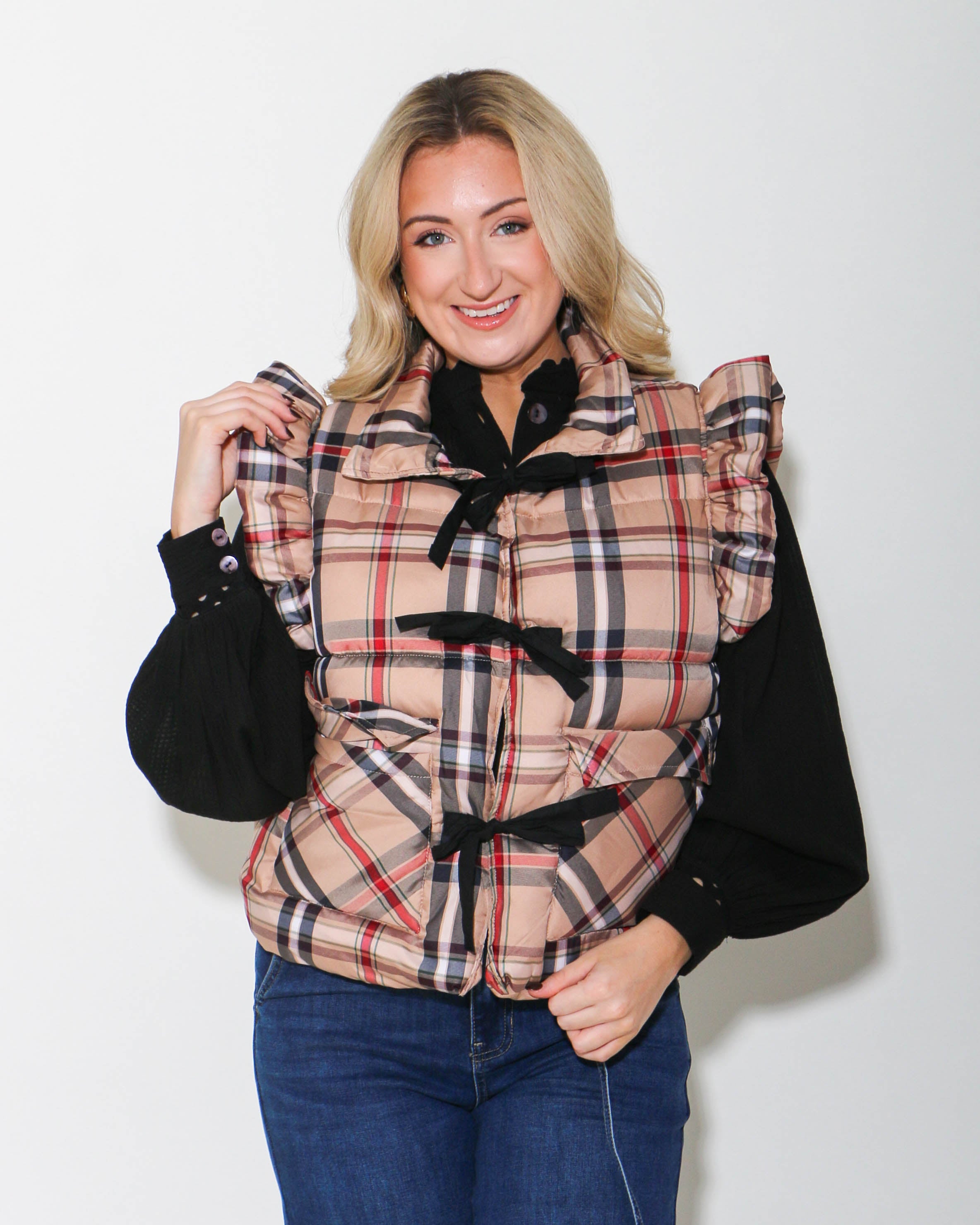 Plaid Puffer Vest with Bow Ties