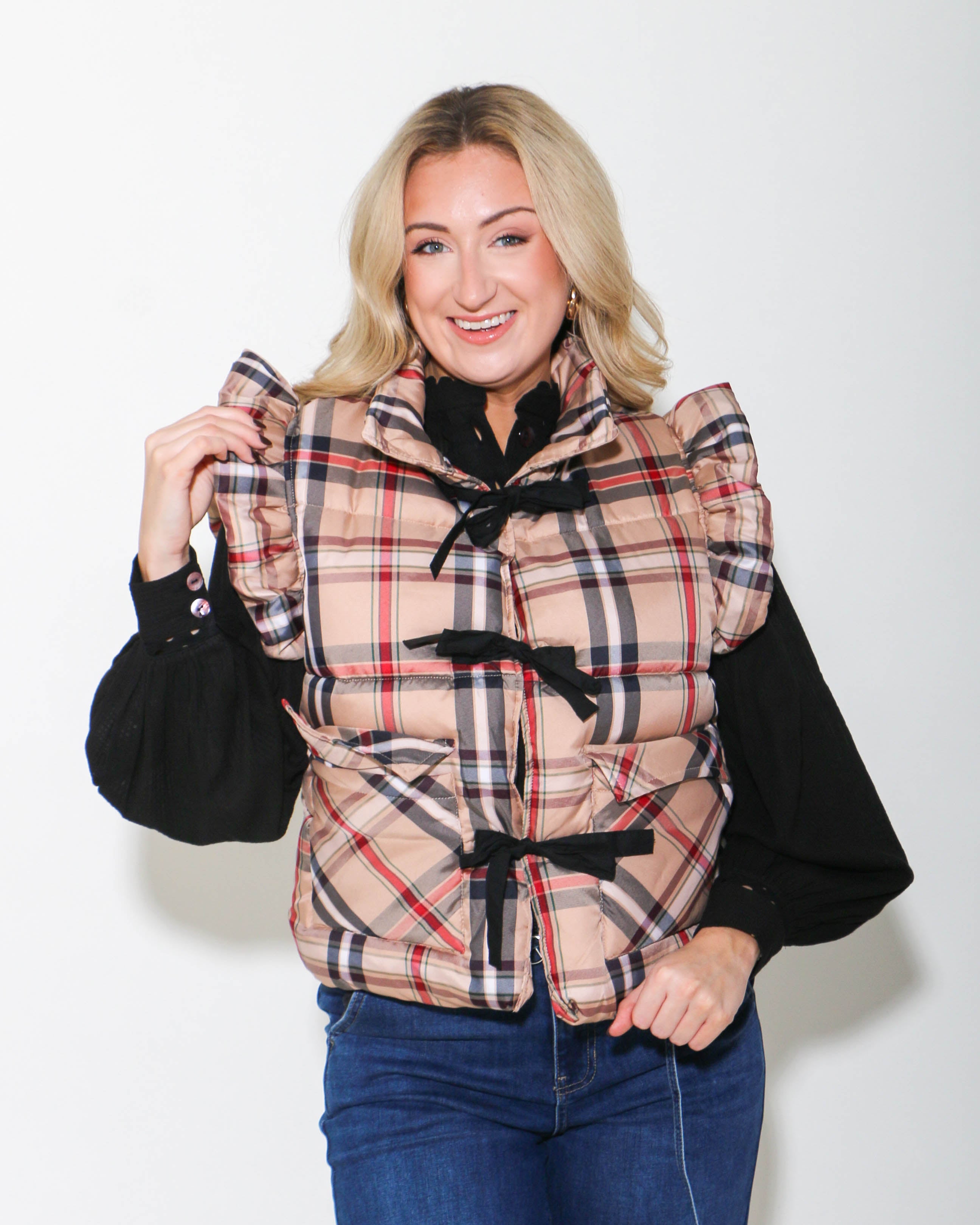 Plaid Puffer Vest with Bow Ties